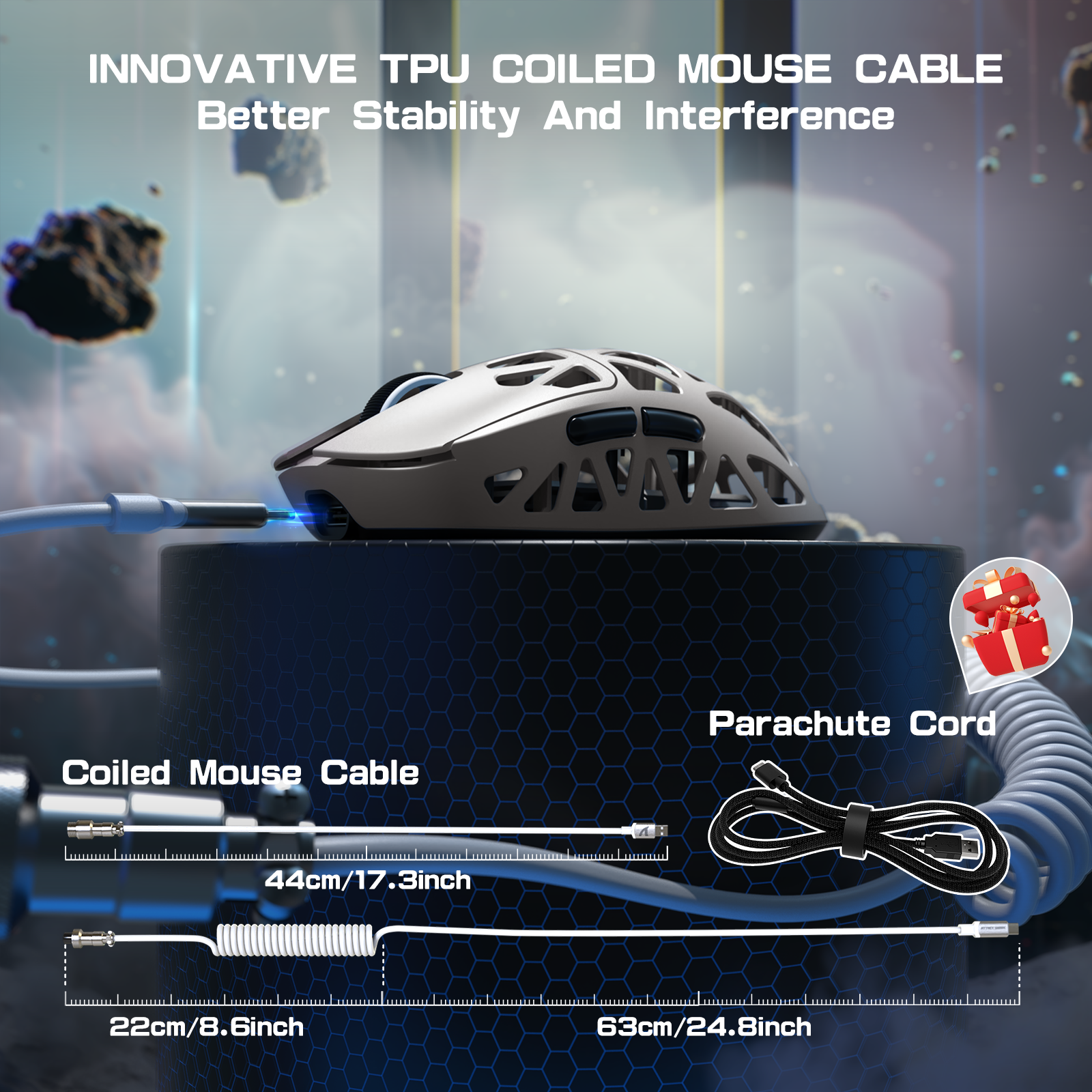 R2PRO gaming mouse with innovative TPU coiled cable and parachute cord for stability.