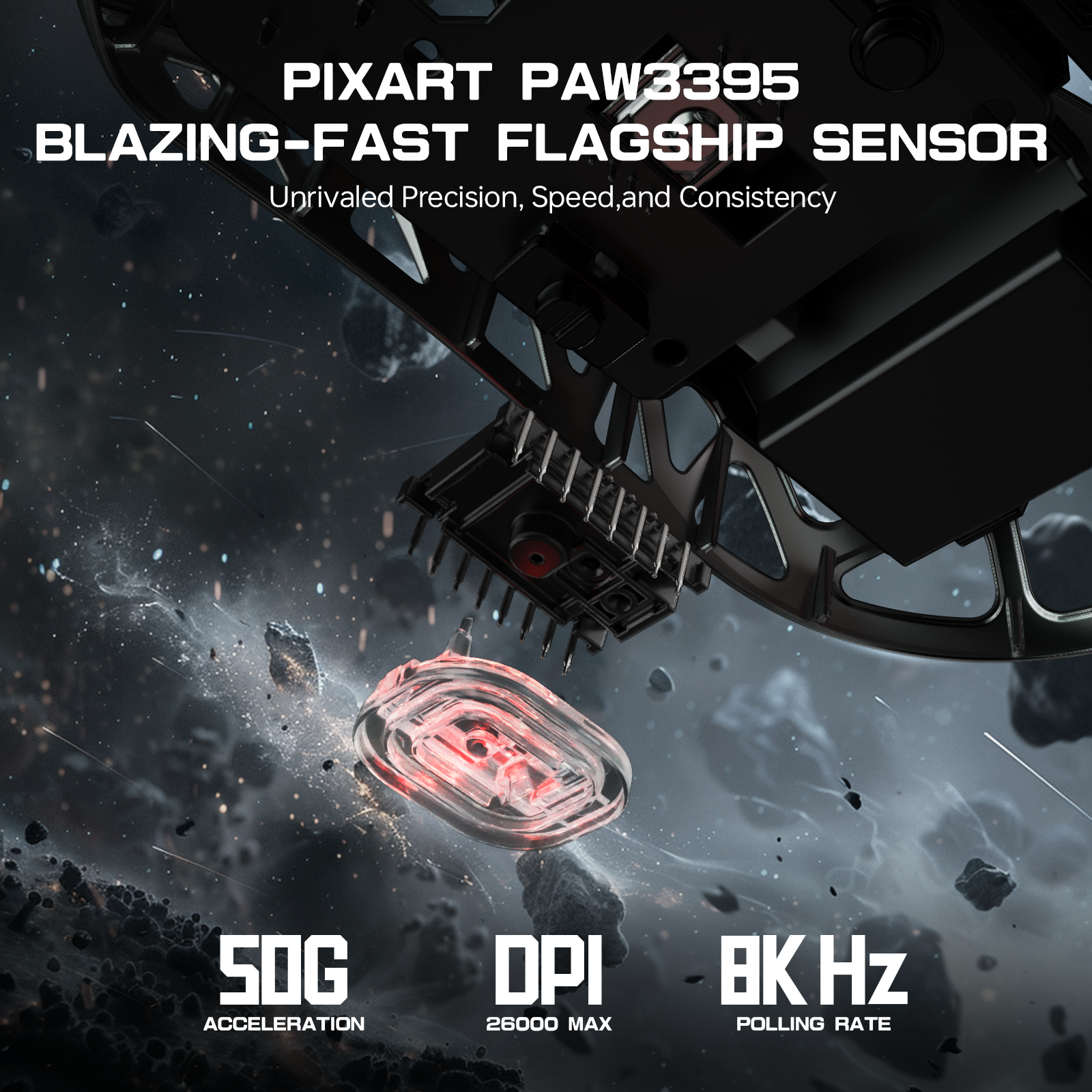 PixArt PAW3395 sensor details with 50G acceleration, 26000 DPI, and 8K polling rate