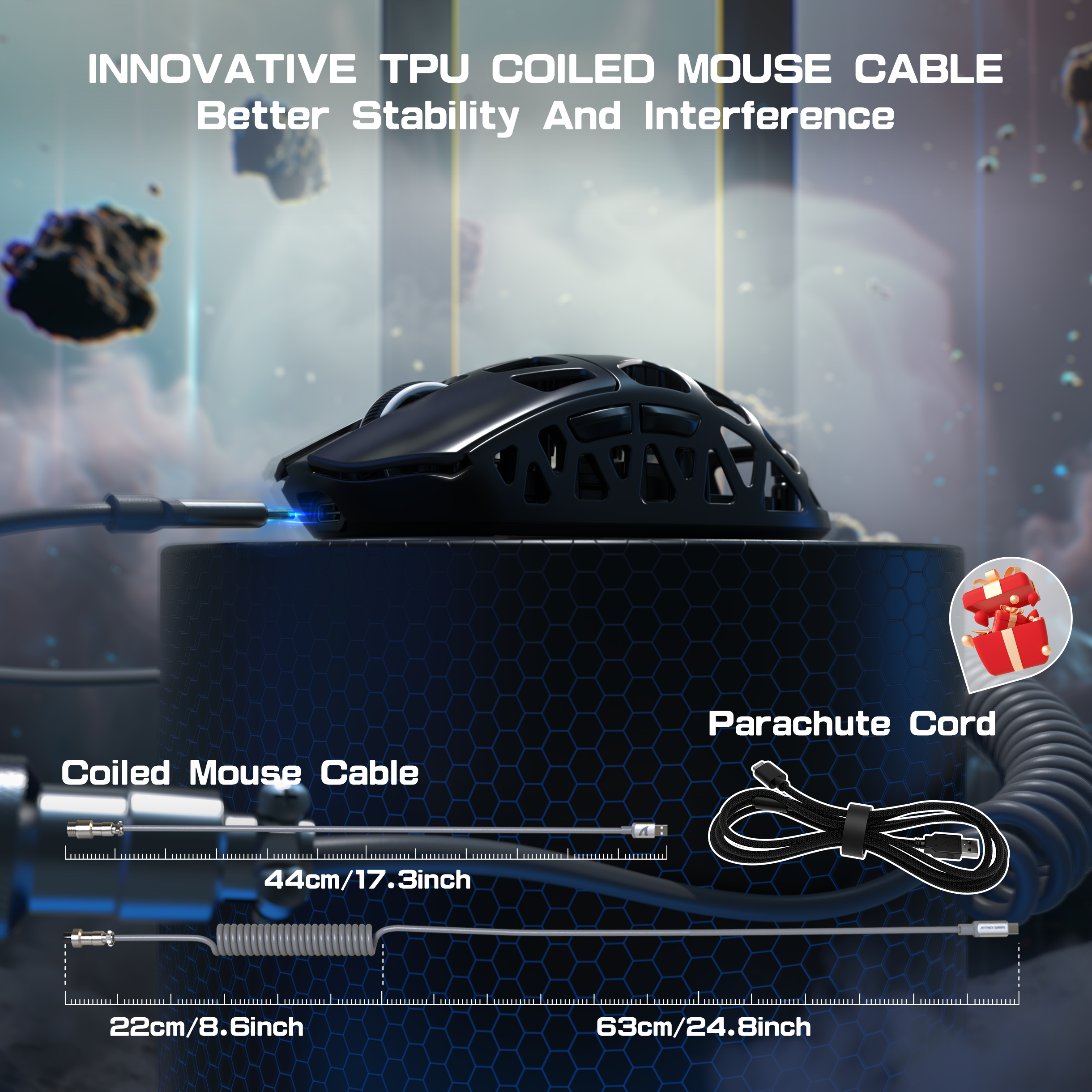 R3PRO gaming mouse with innovative coiled cable and parachute cord for stability.