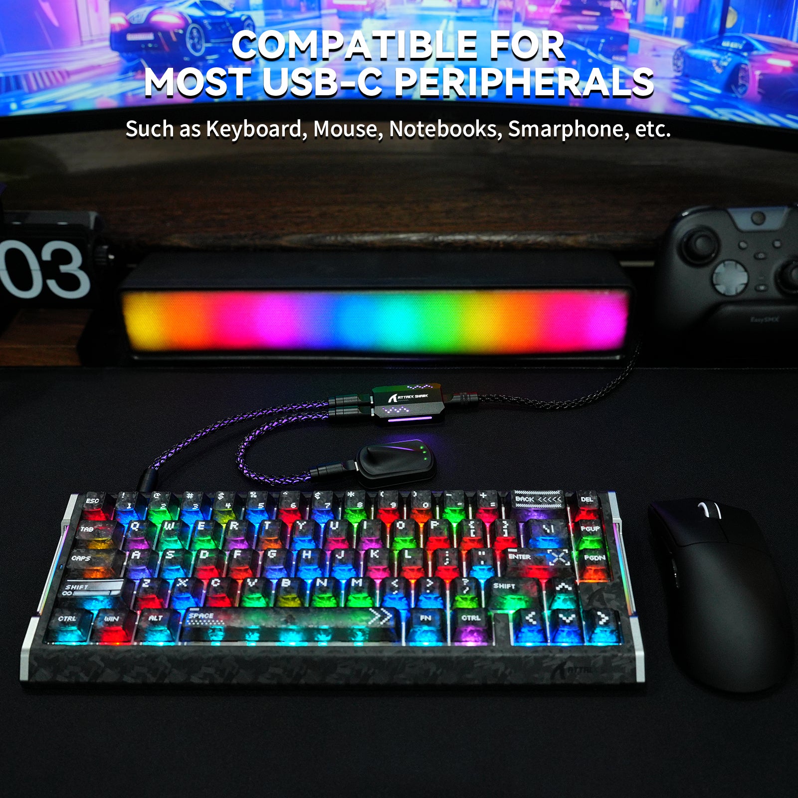 Câble 2-en-1 Type C ATTACK SHARK C07 PRO pour clavier/souris de jeu 8KHz