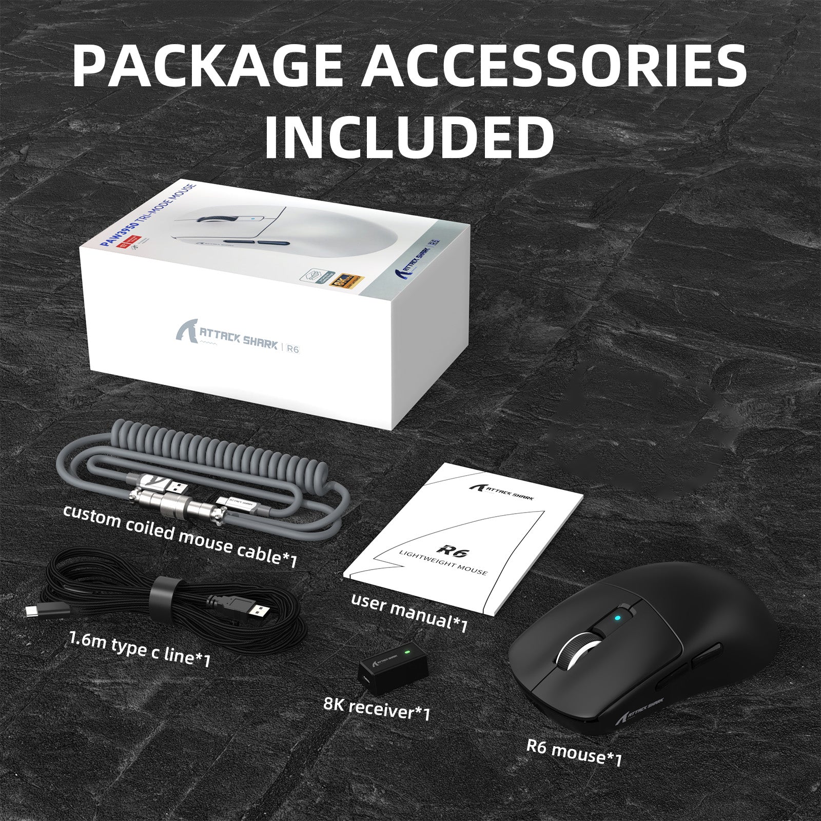 Attack Shark R6PRO mouse package with accessories: cable, receiver, manual.