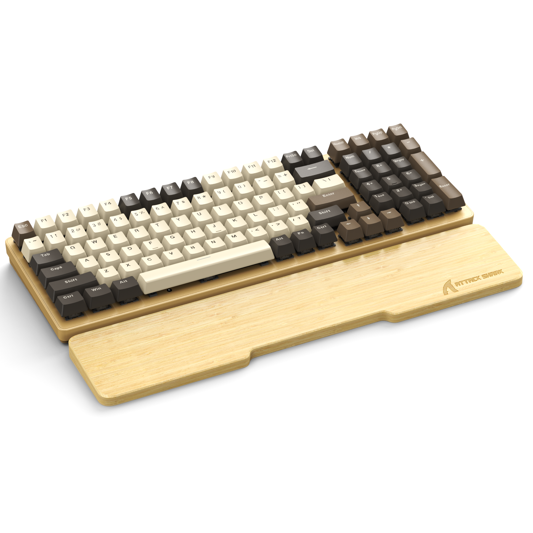 Bamboo wrist rest with cream and dark brown compact mechanical keyboard on desk