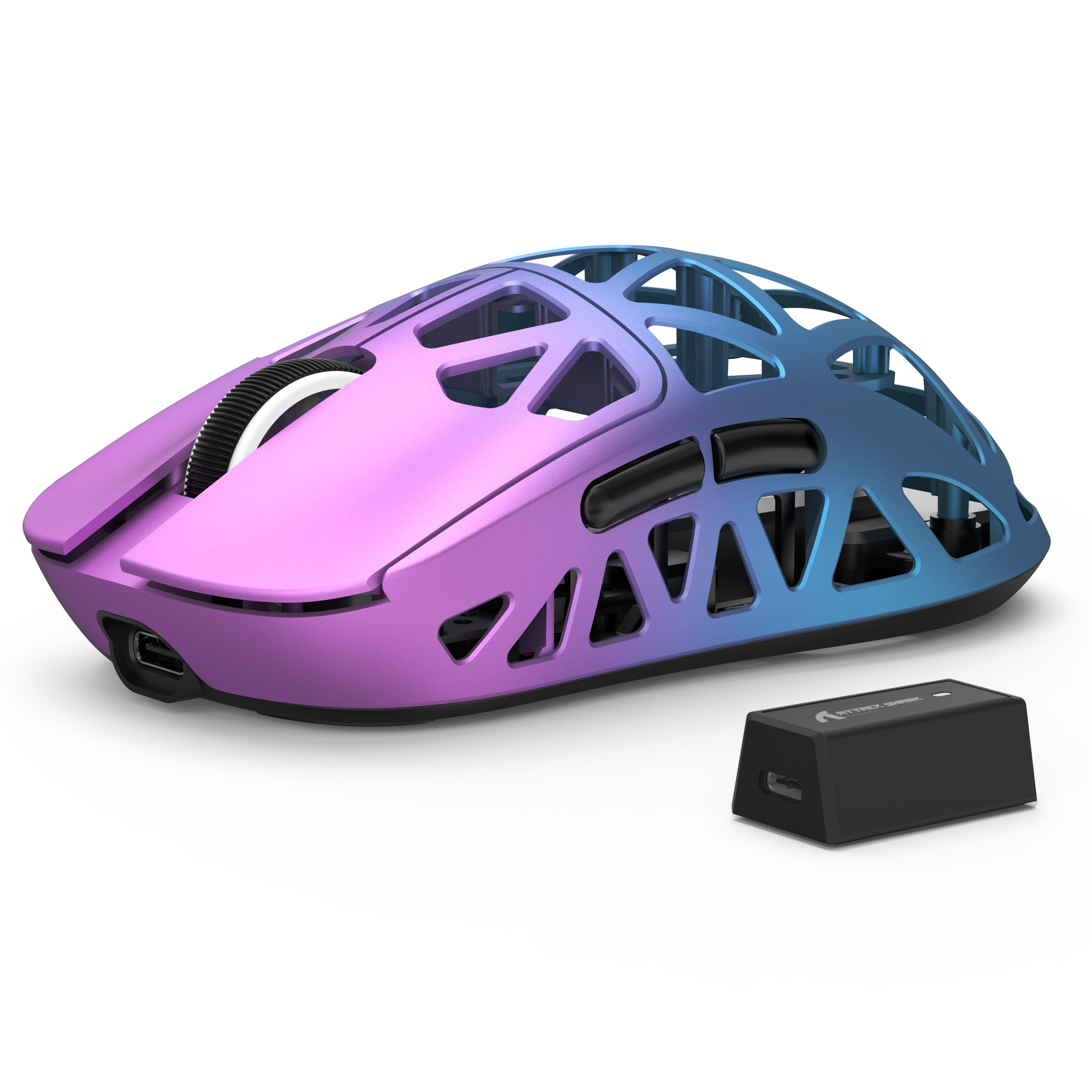 Gradient purple-blue Attack Shark R2 gaming mouse with lightweight design and USB-C dock.