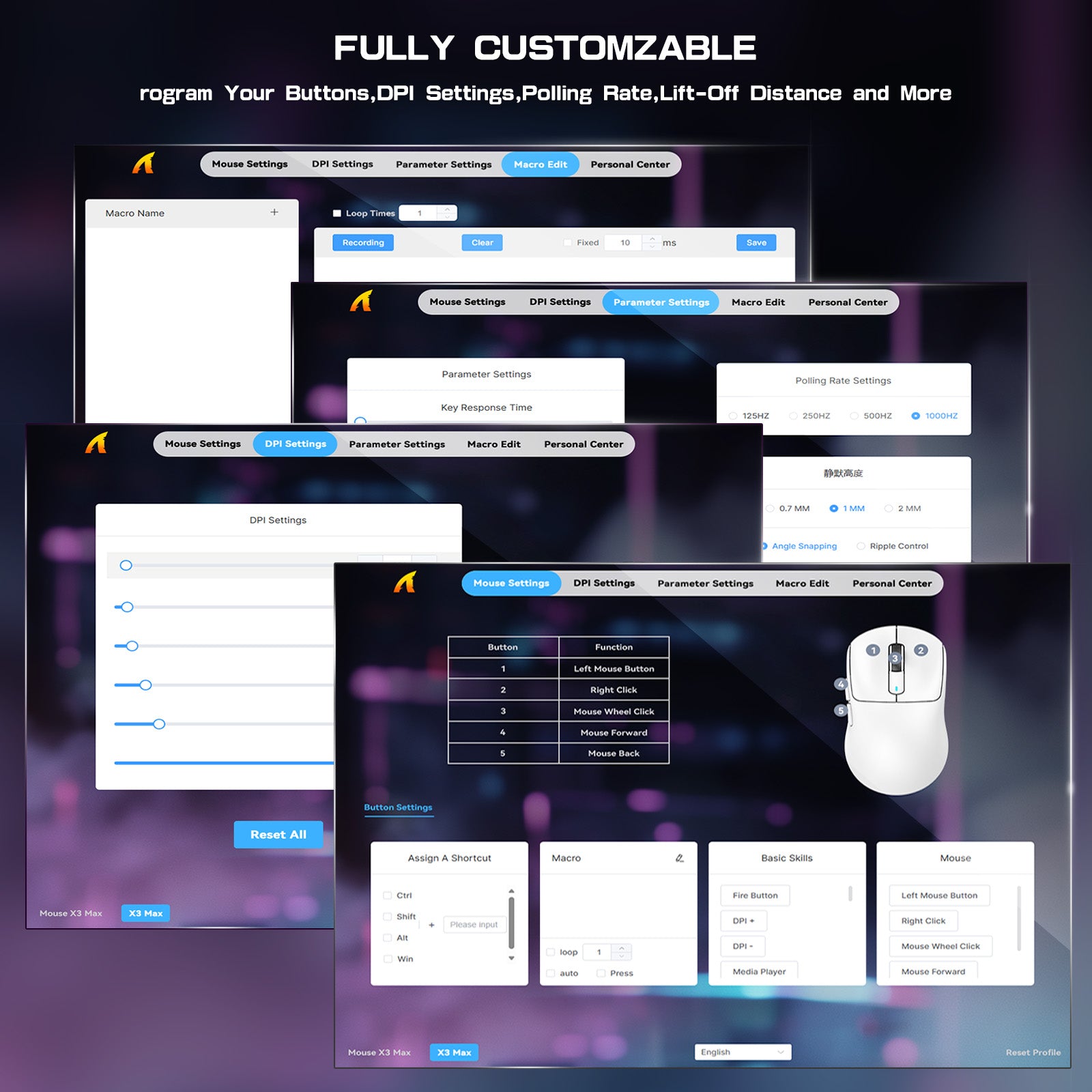 Attack Shark X3MAX software interface for customizing mouse settings and DPI.