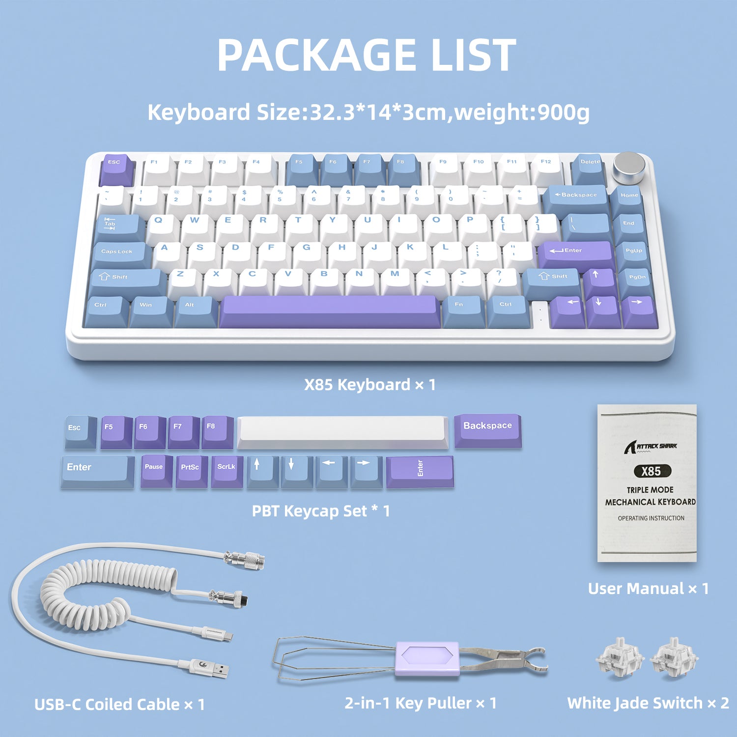 Attack Shark X85 Wireless Mechanical Keyboard package contents including USB-C cable and keycap set.