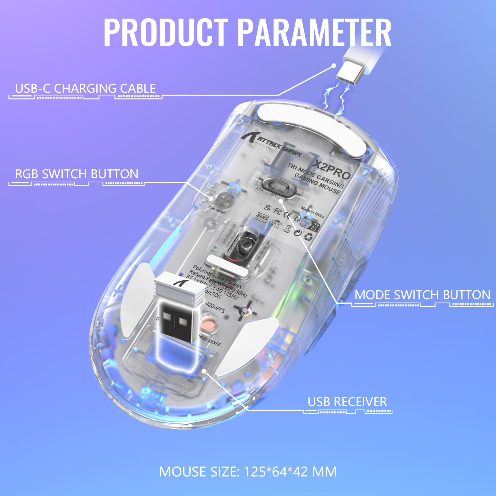 X2PRO wireless gaming mouse with transparent shell and product parameters.