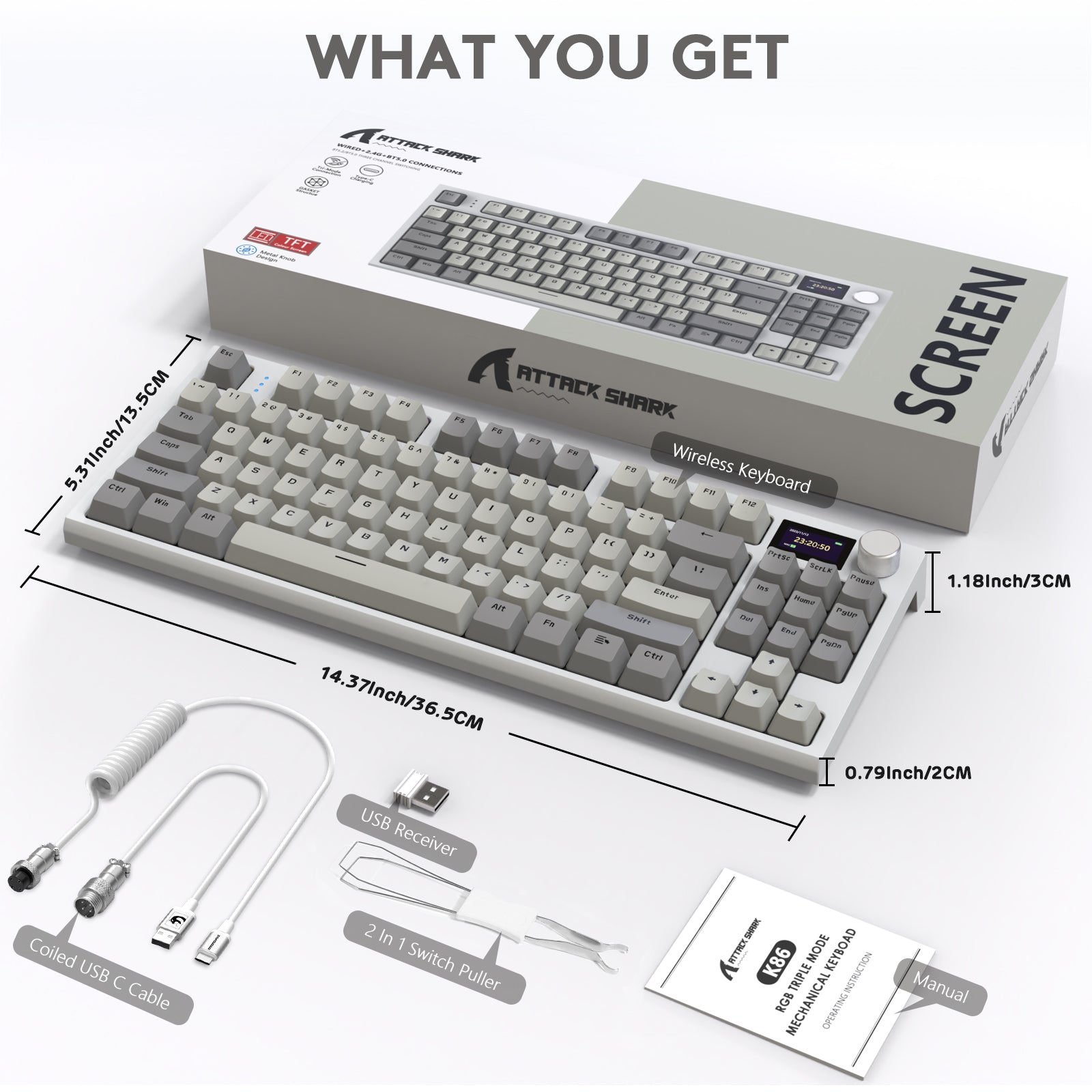 Attack Shark K86PRO packaging with keyboard, USB cable, receiver, manual, and switch puller.