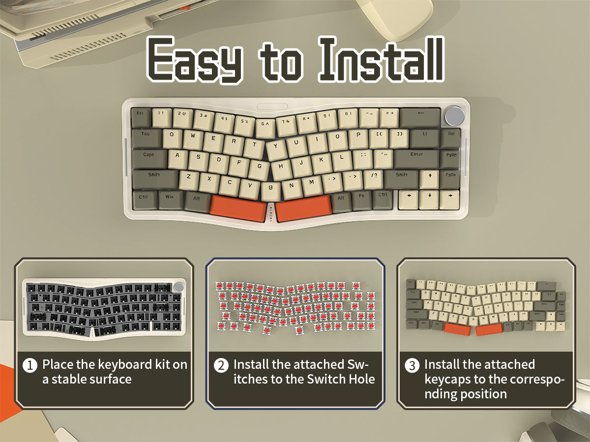 Installation guide for AKS068 Alice Mechanical Keyboard with step-by-step visuals.