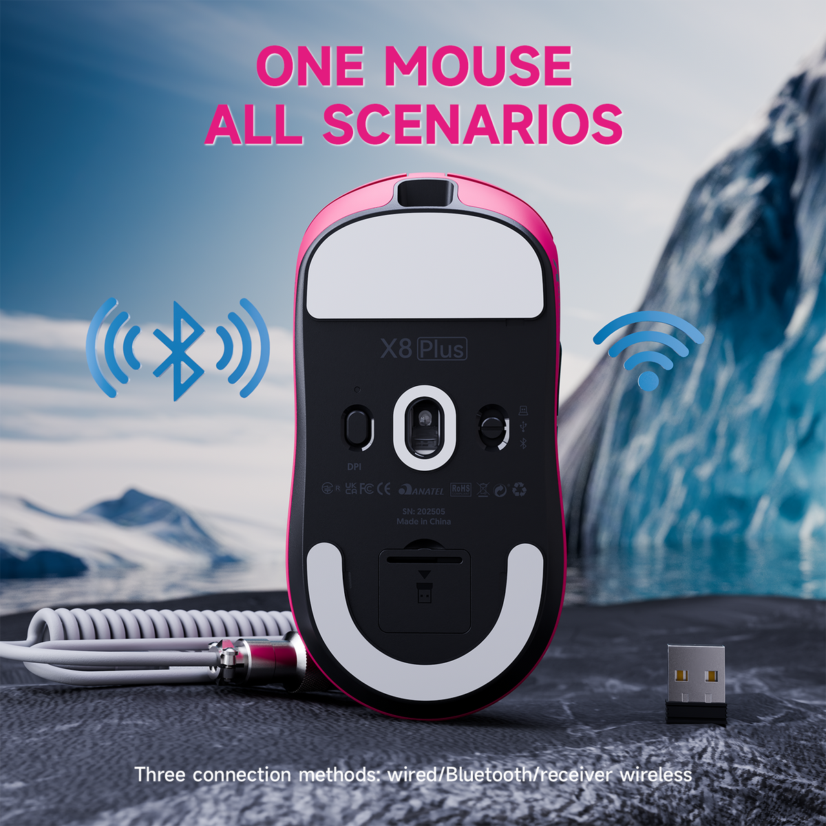 Mouse gamer sem fio de três modos ATTACK SHARK X8 PLUS com cabo C06 ULTRA