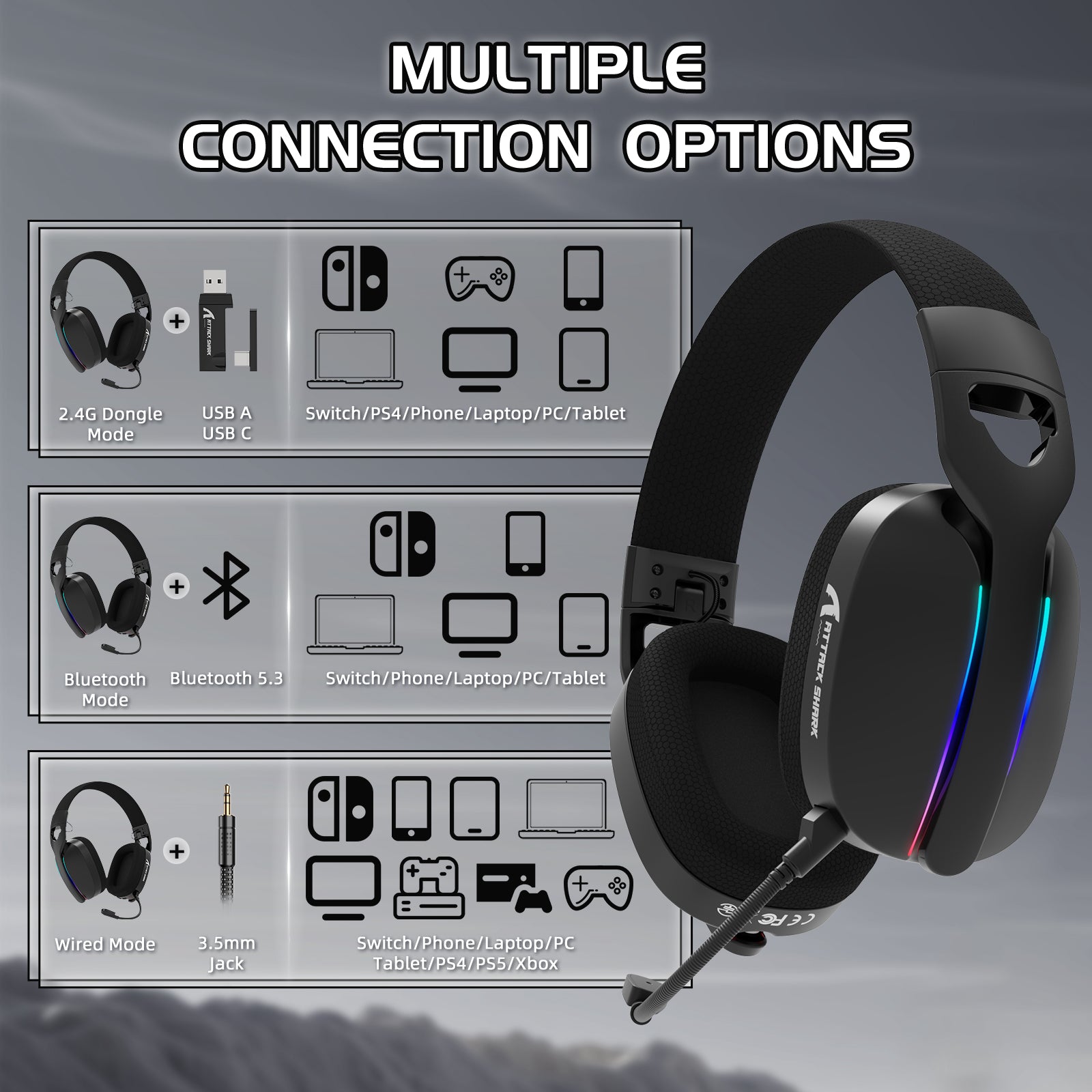 ATTACK SHARK L90 Flodable RGB Ultra-Light Tri-Mode Gaming Headset