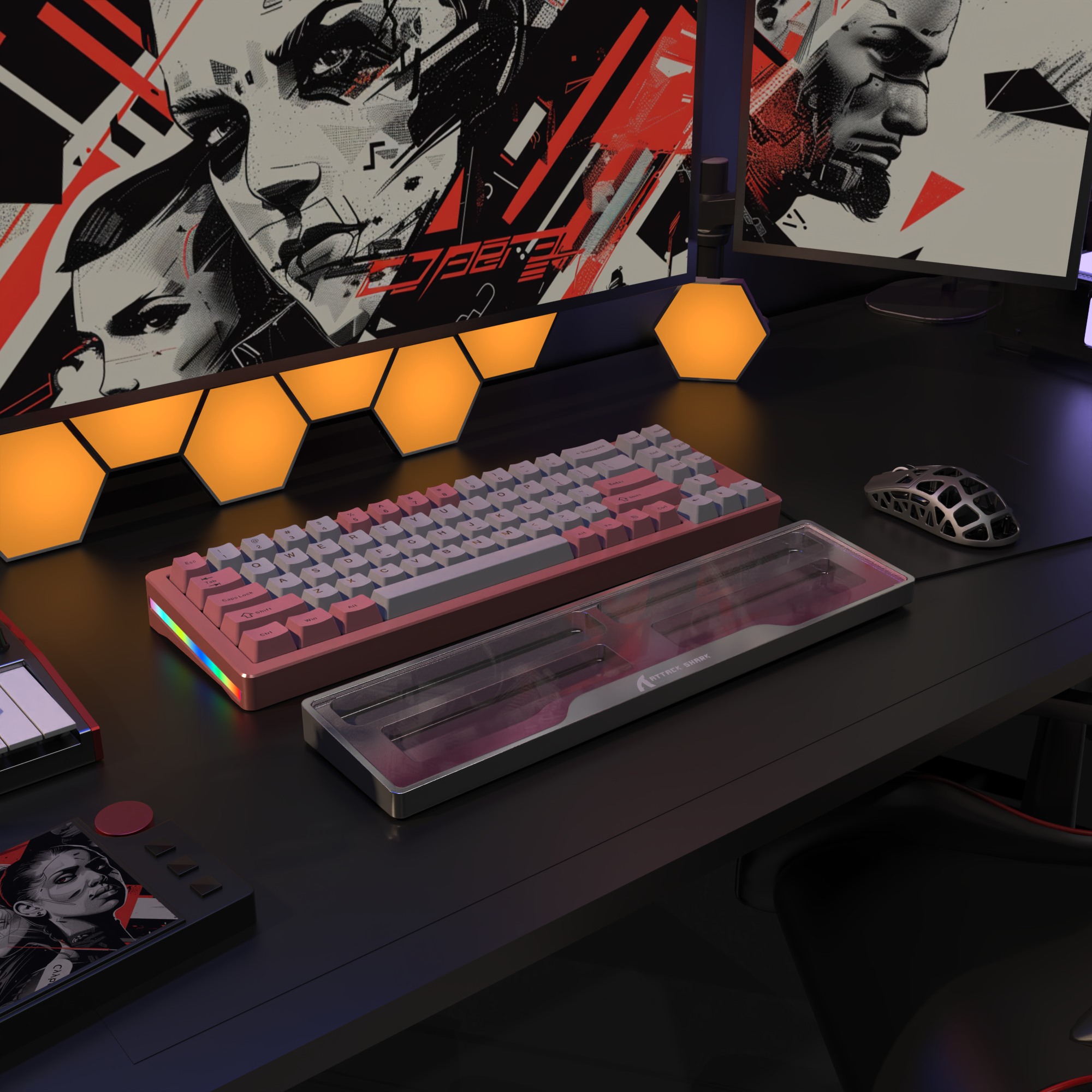 Pink mechanical keyboard and transparent storage case for accessories on a stylish gaming desk.