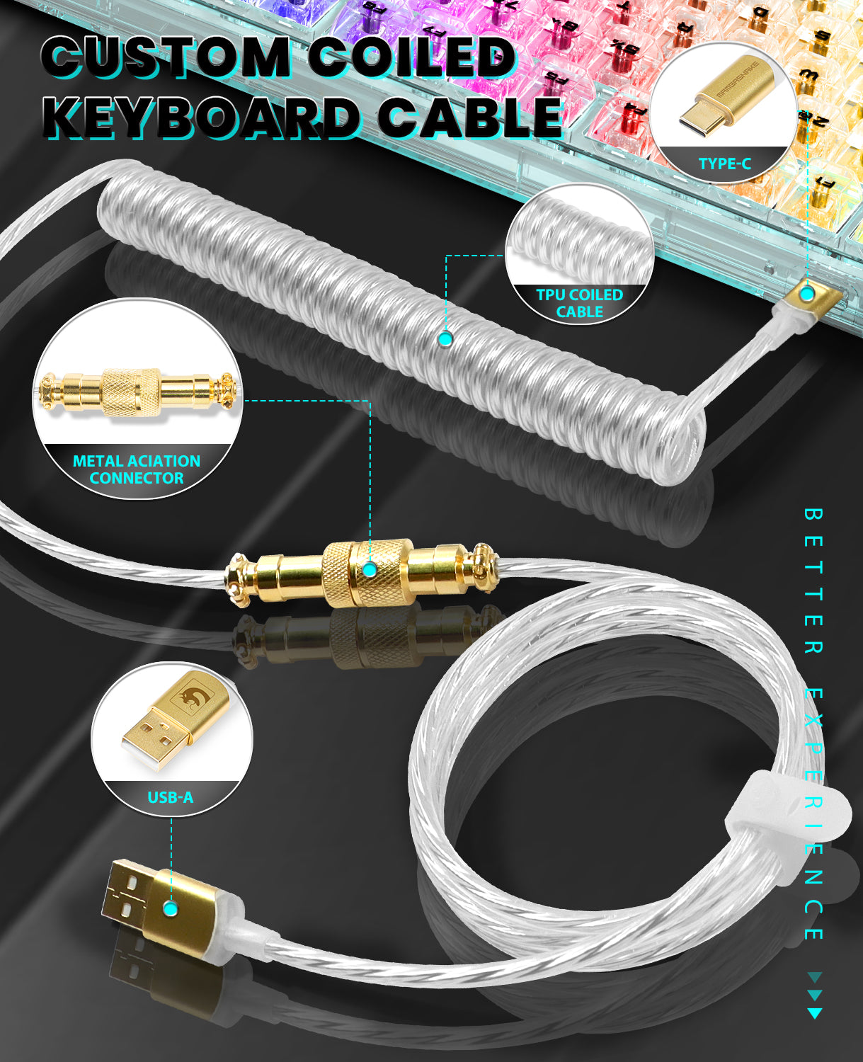 Custom coiled USB cable for MK32 keyboard featuring metal connectors and TPU design.