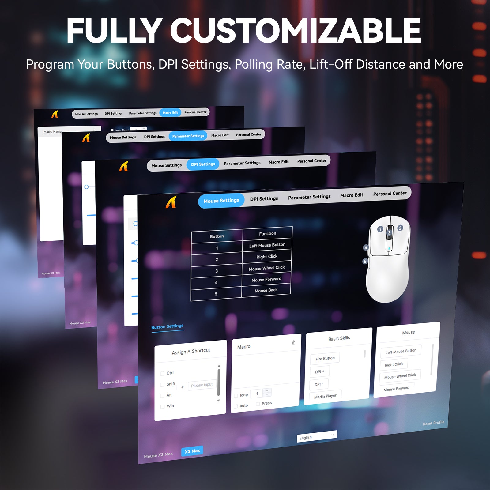 X3MAX gaming mouse driver software interface displaying customizable settings.