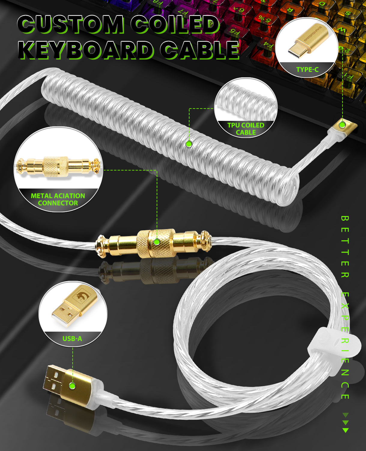 Custom coiled keyboard cable with gold-plated metal connectors and TPU design.