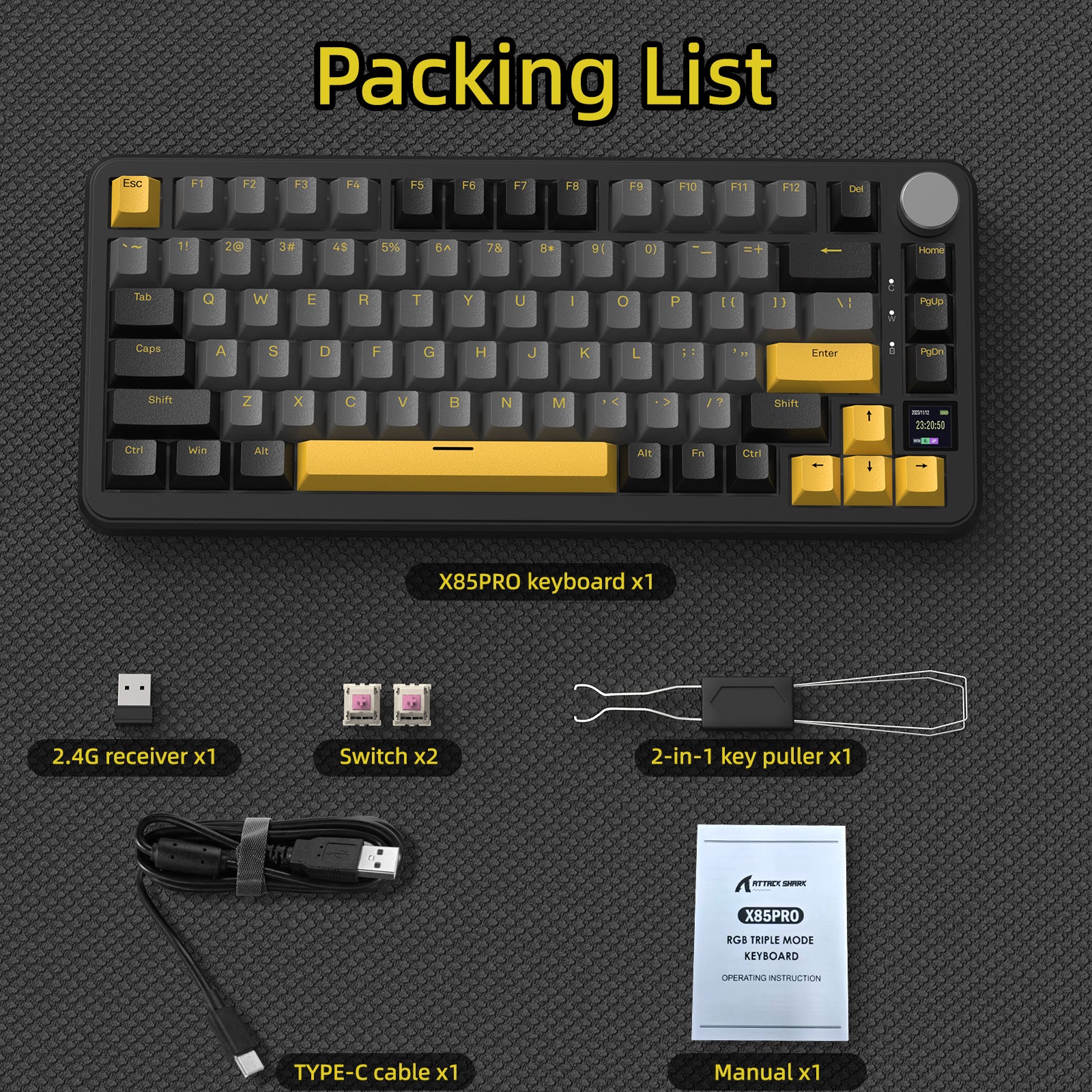 X85PRO keyboard packing list with keyboard, cable, and accessories.