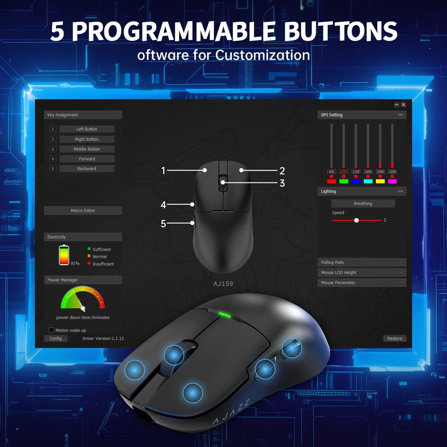 AJ159 gaming mouse with software display for customizing 5 programmable buttons.