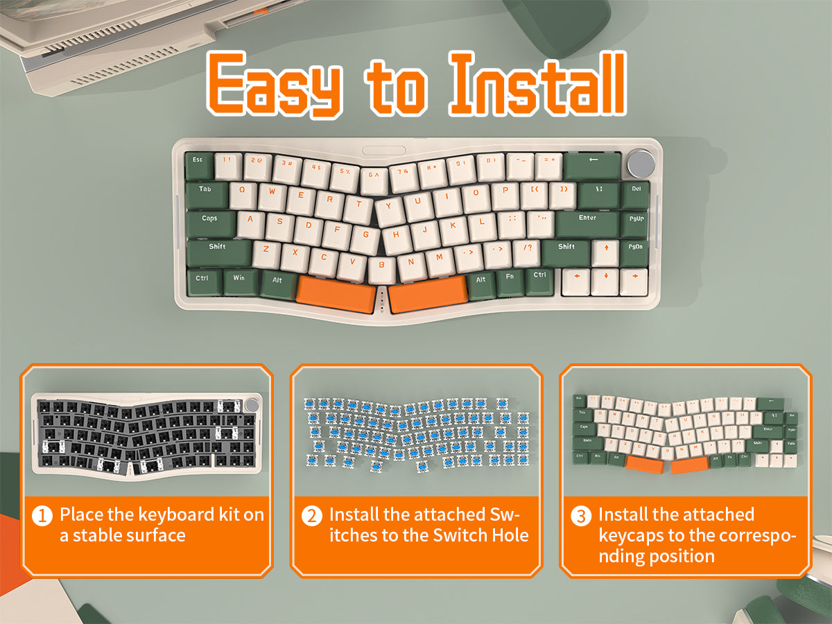 Installation steps for AKS068 Alice Mechanical Keyboard kit with visuals.