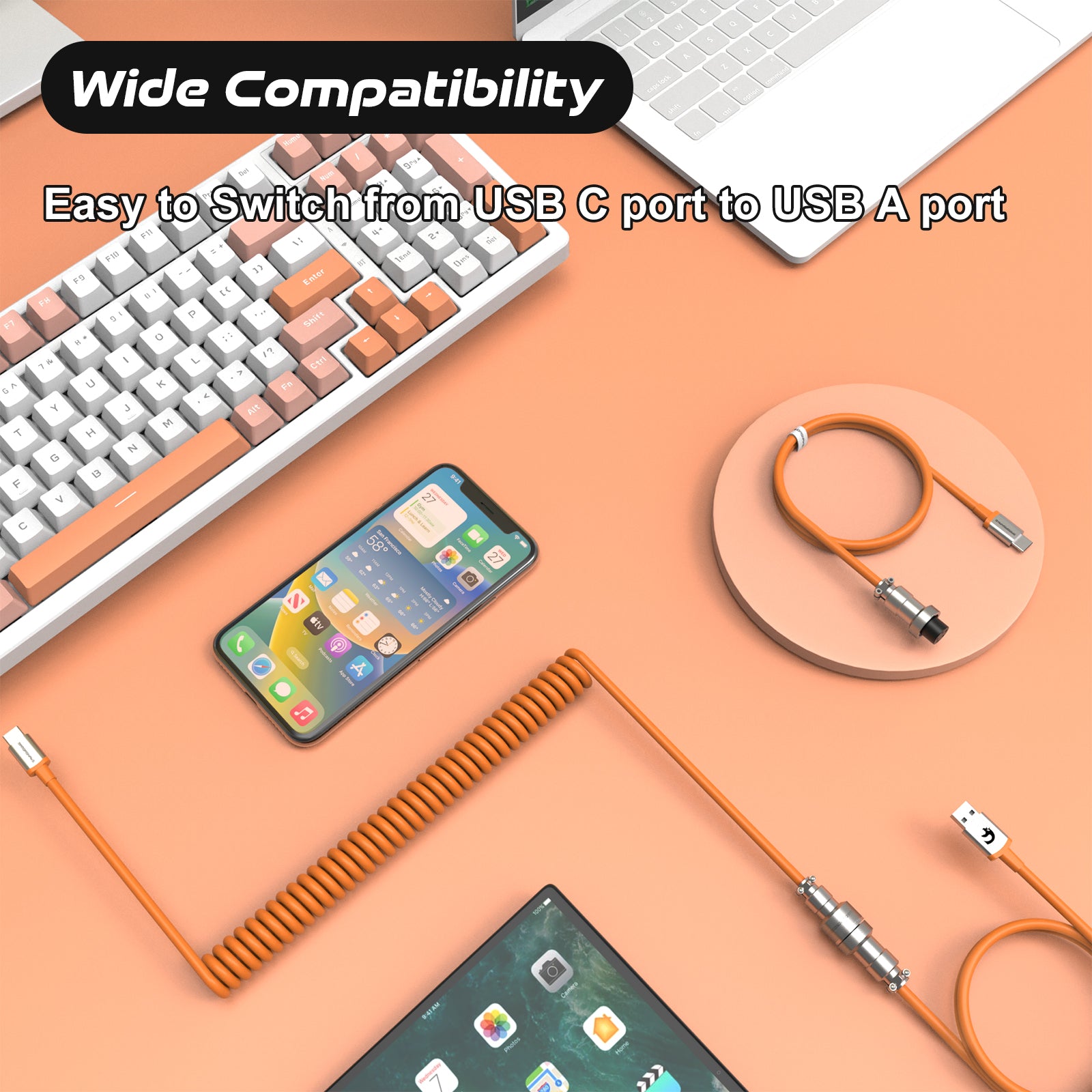 Attack Shark C04 coiled USB cable in Vitality Orange with wide compatibility for USB and Type-C devices.