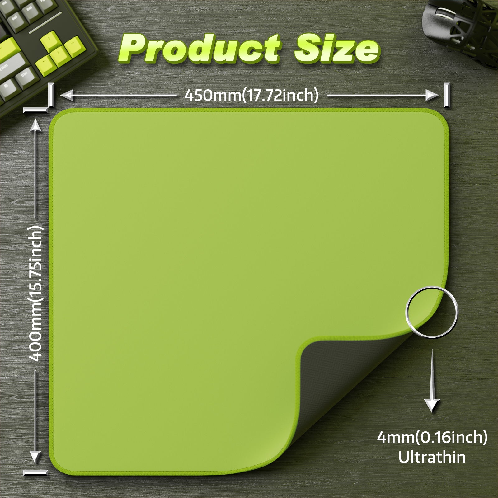 Green Attack Shark mouse pad dimensions, ultrathin profile, and stitched edges on desk.