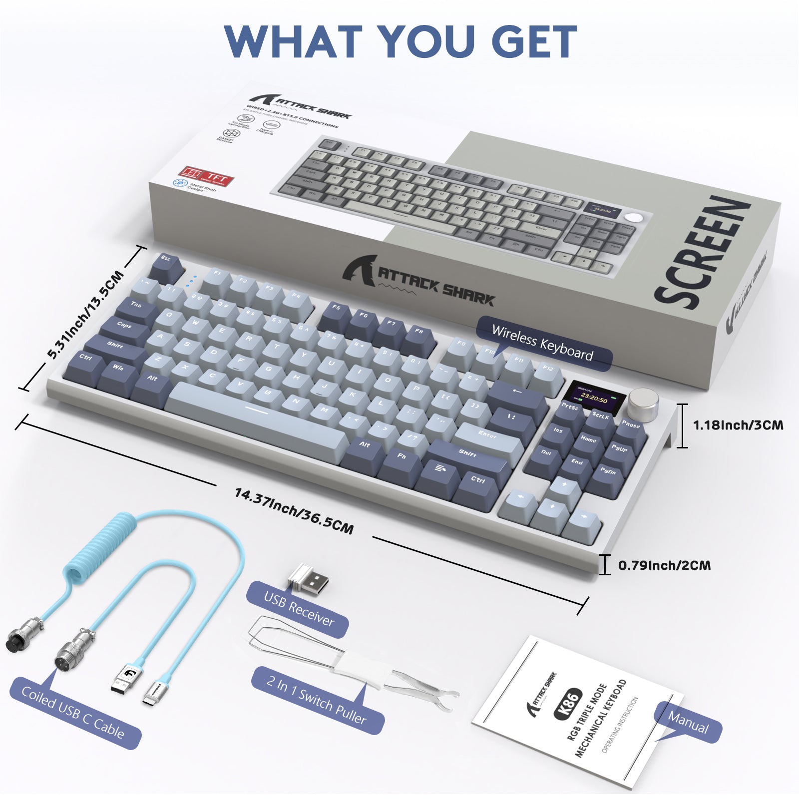 Attack Shark K86PRO keyboard packaging with USB-C cable, receiver, manual, and switch puller.