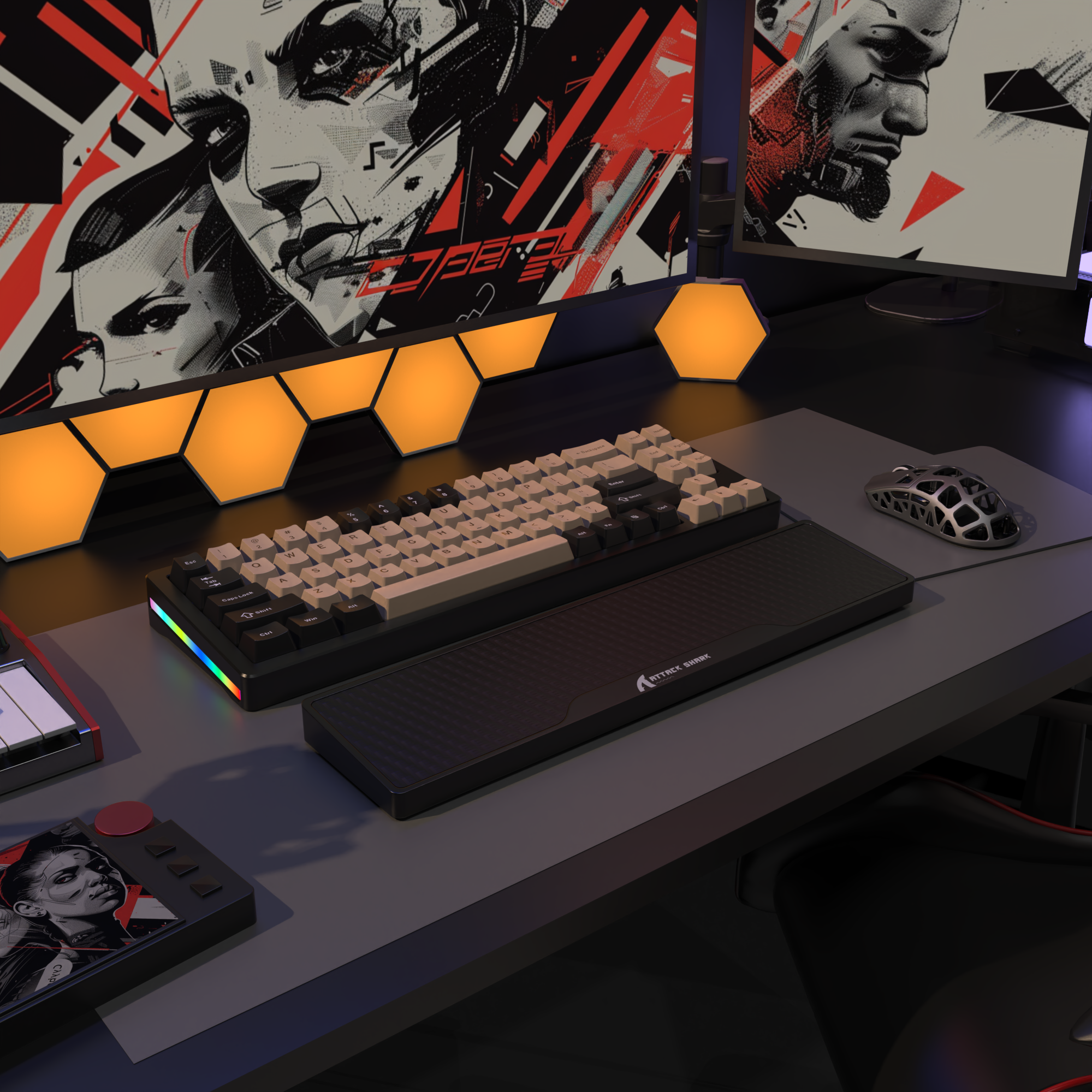 Gaming keyboard with ergonomic wrist rest and organized accessories on a stylish desk setup.