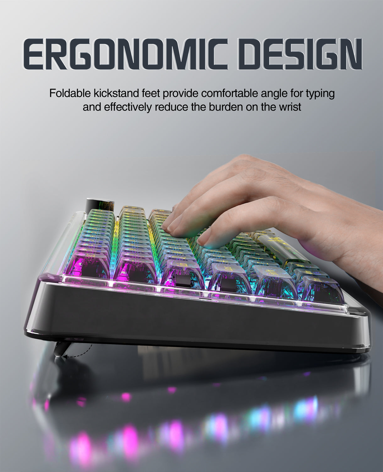 Ergonomic K75 Pro keyboard with RGB backlighting and foldable kickstand for comfort.