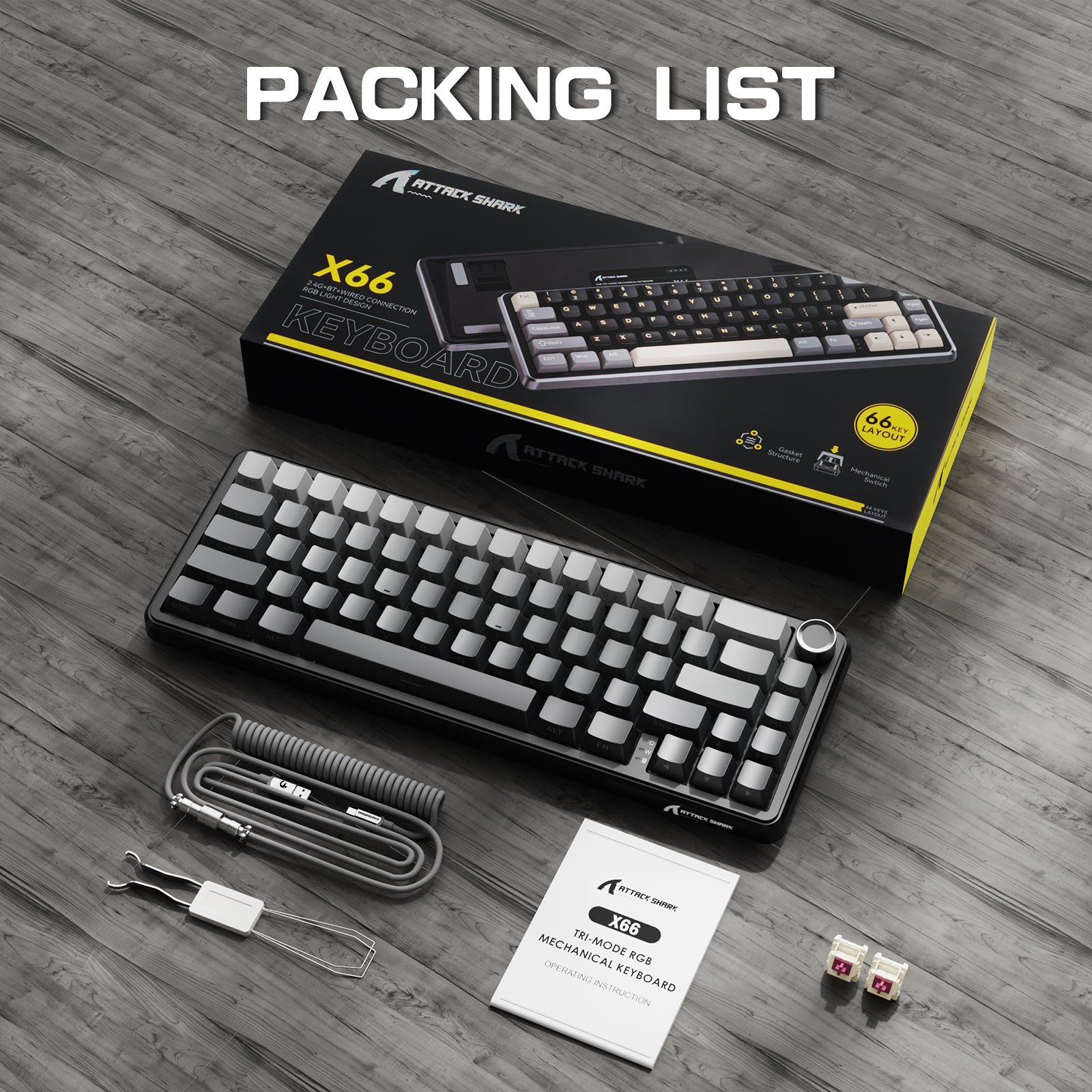 Teclado mecánico inalámbrico ATTACK SHARK X66 con cable en espiral de 8K