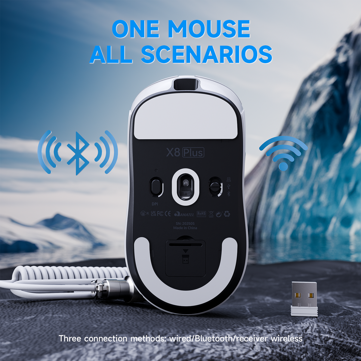 Mouse gamer sem fio de três modos ATTACK SHARK X8 PLUS com cabo C06 ULTRA
