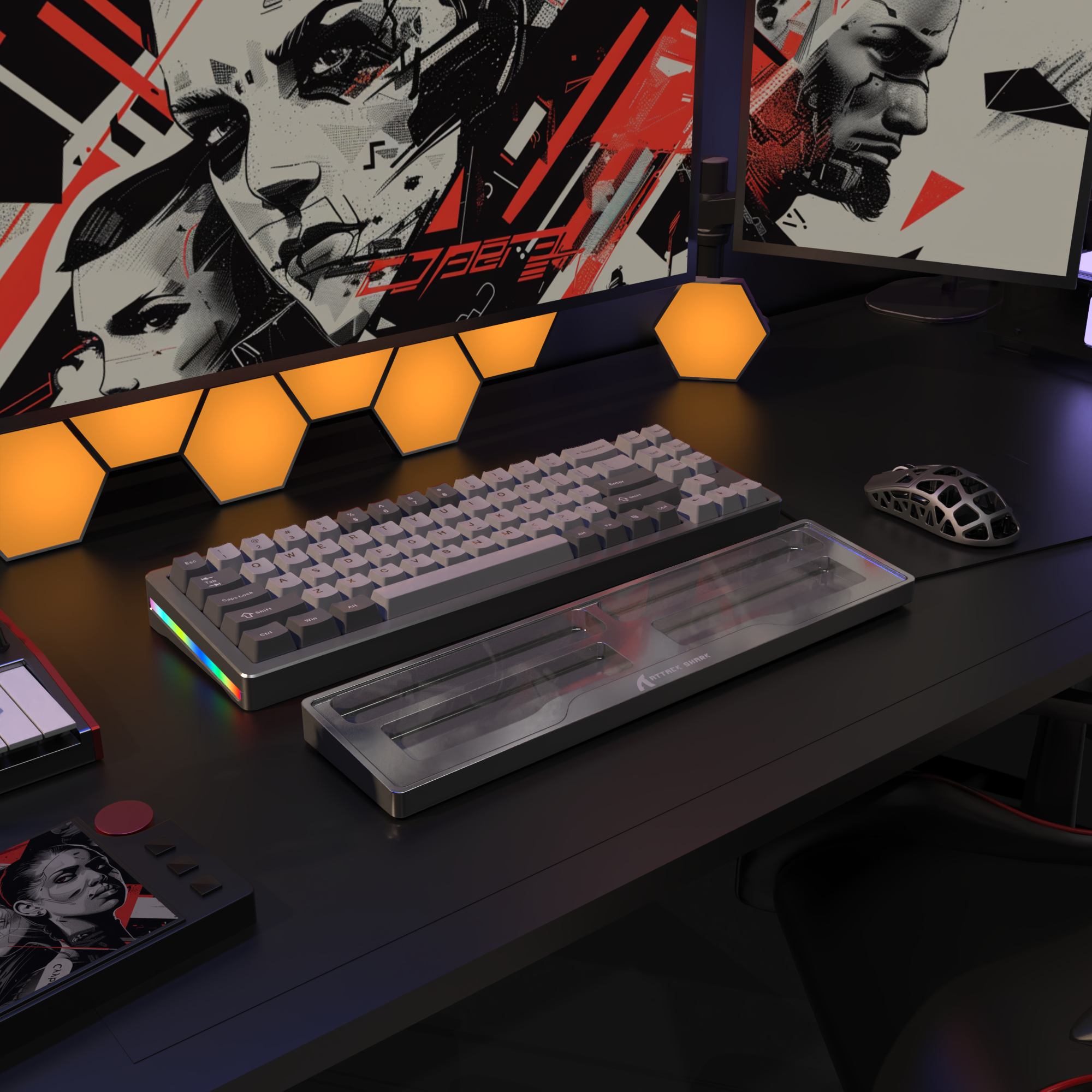 Attack Shark aluminum alloy wrist rest with acrylic storage case on a modern gaming desk.