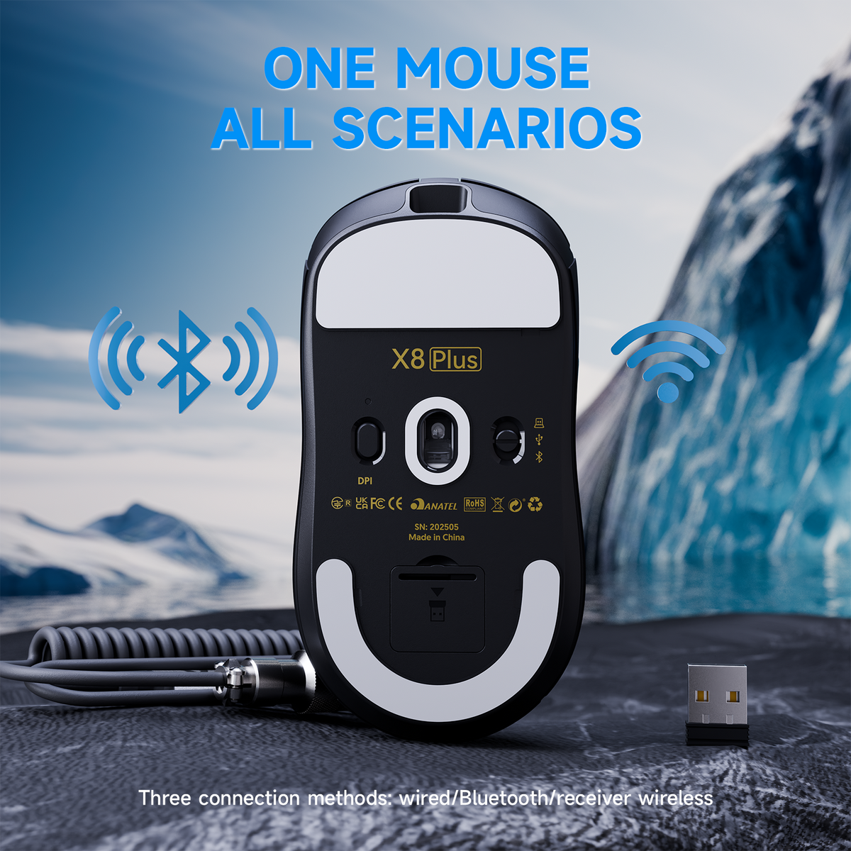 Mouse gamer sem fio de três modos ATTACK SHARK X8 PLUS com cabo C06 ULTRA