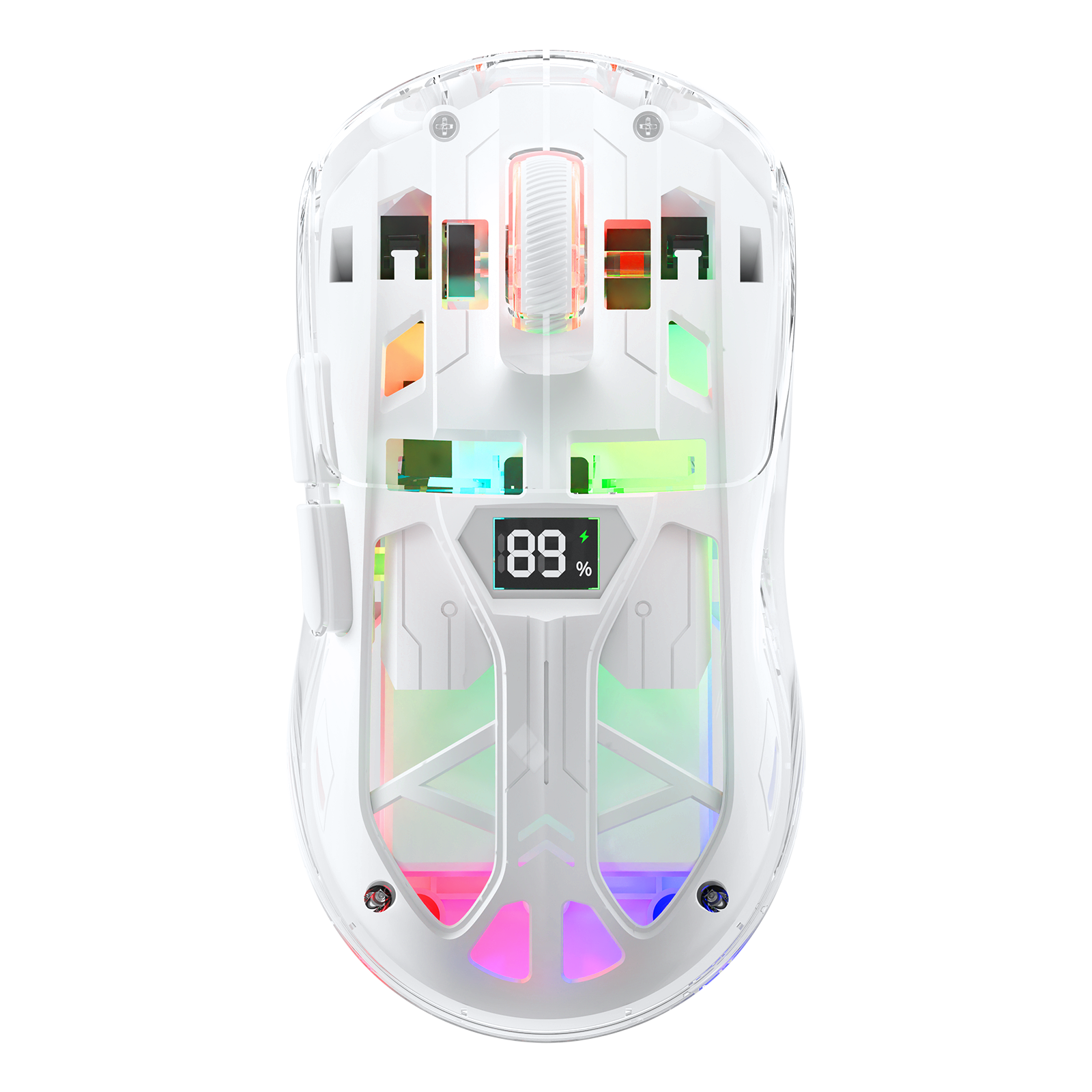 Transparent white RGB wireless gaming mouse with battery display