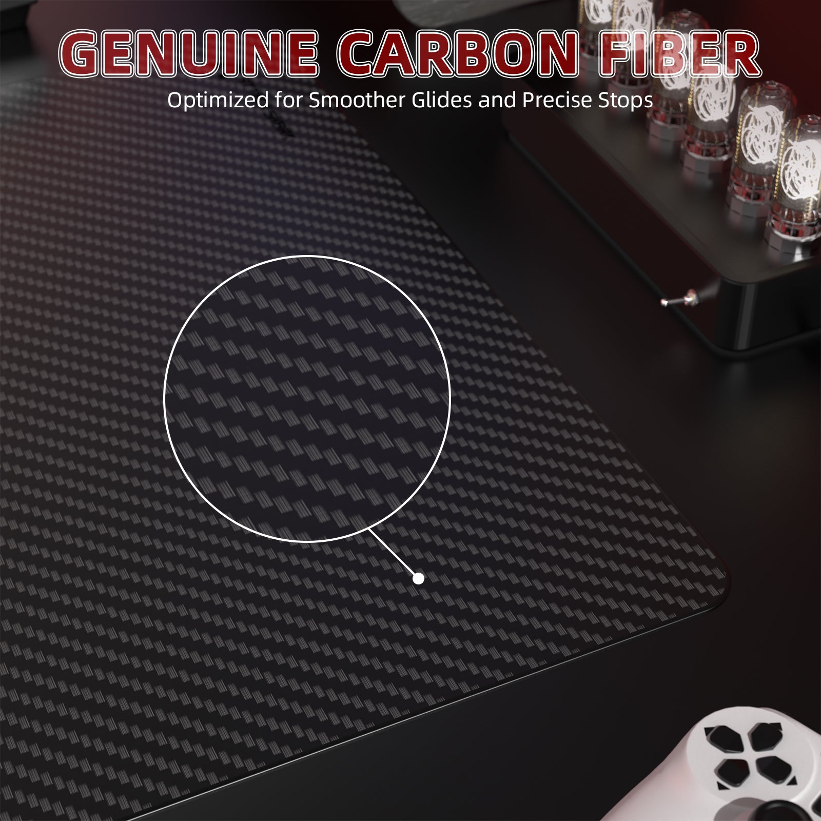 CM04 Carbon Fiber Mousepad close-up showing textured surface for enhanced gaming control.