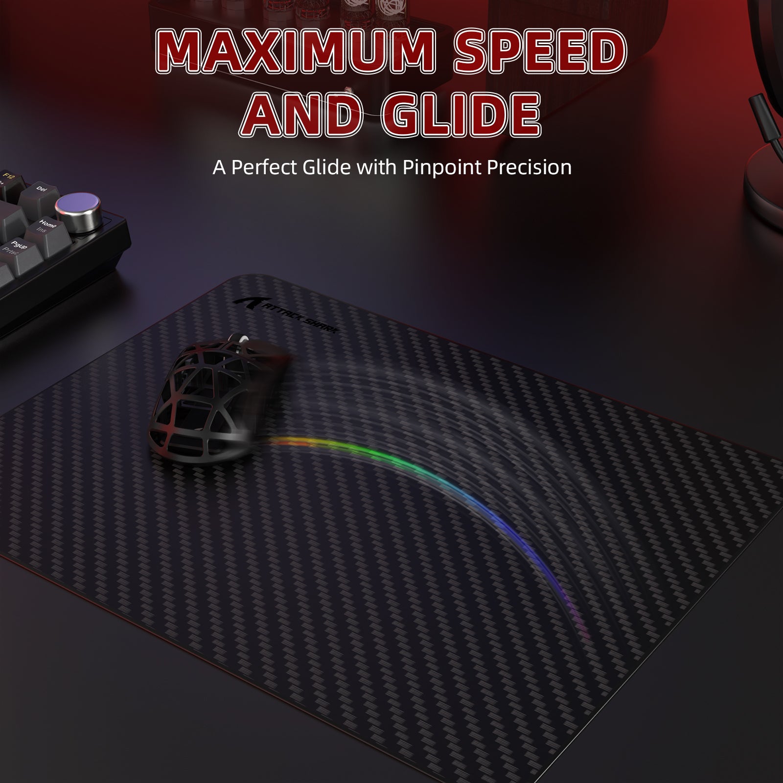 CM04 Carbon Fiber Mousepad with mouse showcasing maximum speed and pinpoint glide.