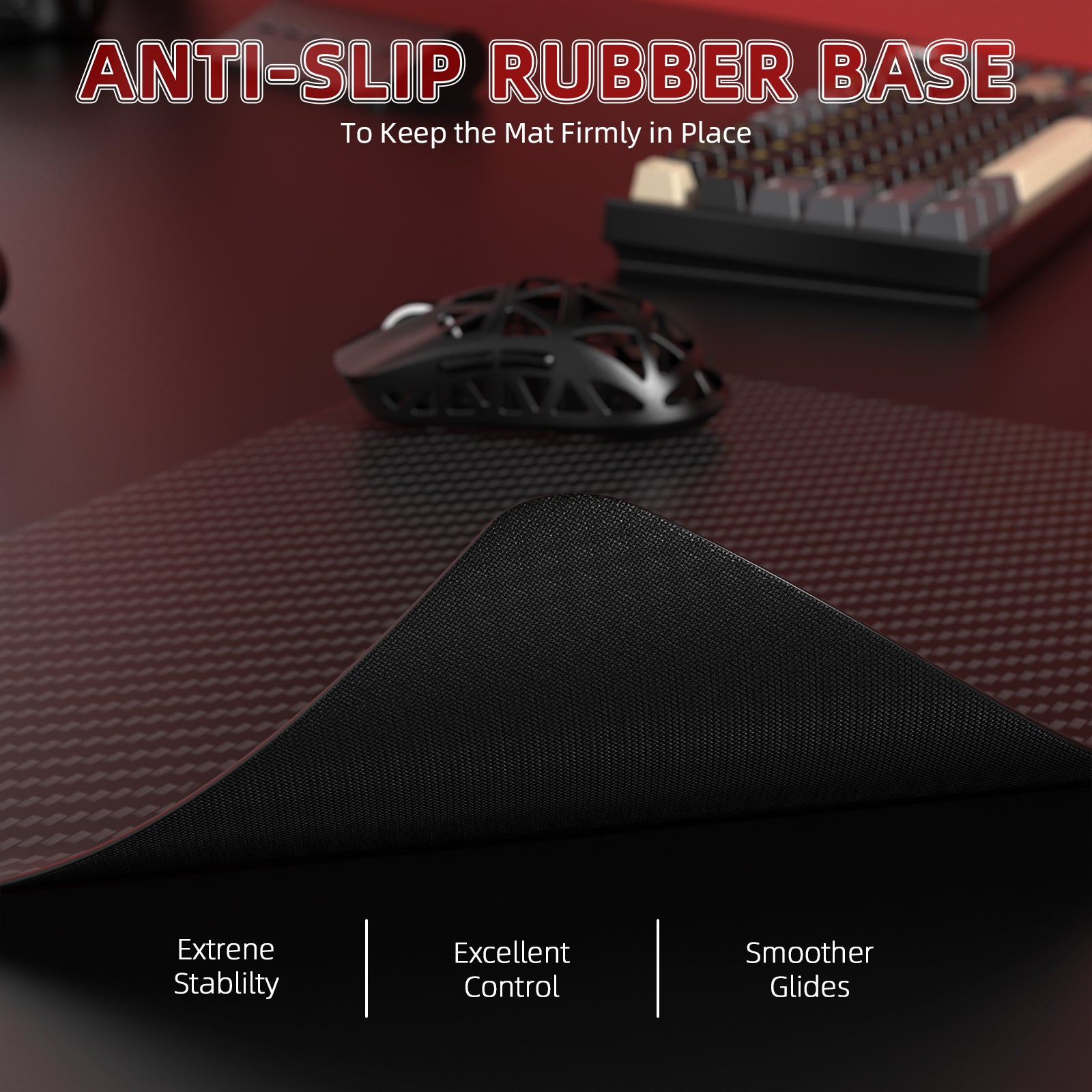 Close-up of CM04 Gaming Mousepad showcasing anti-slip rubber base for stability