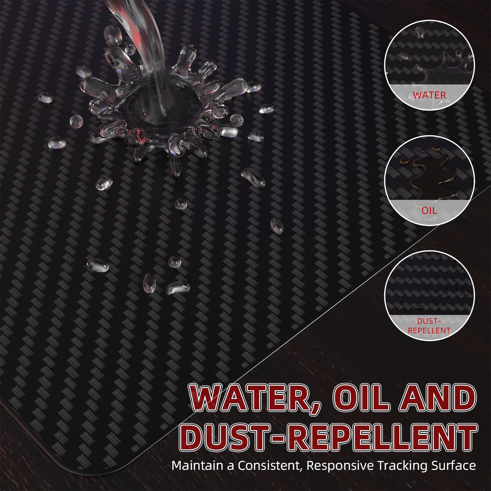 CM04 Carbon Fiber Mousepad showcasing water, oil, and dust-repellent performance.