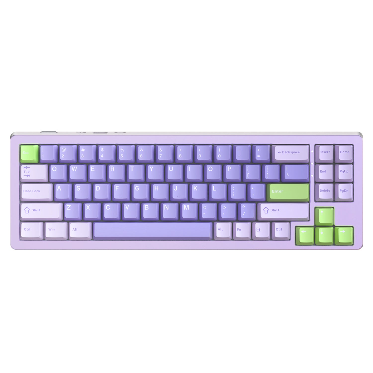 Purple and green PBT keycaps on Attack Shark M71 keyboard with RGB layout.