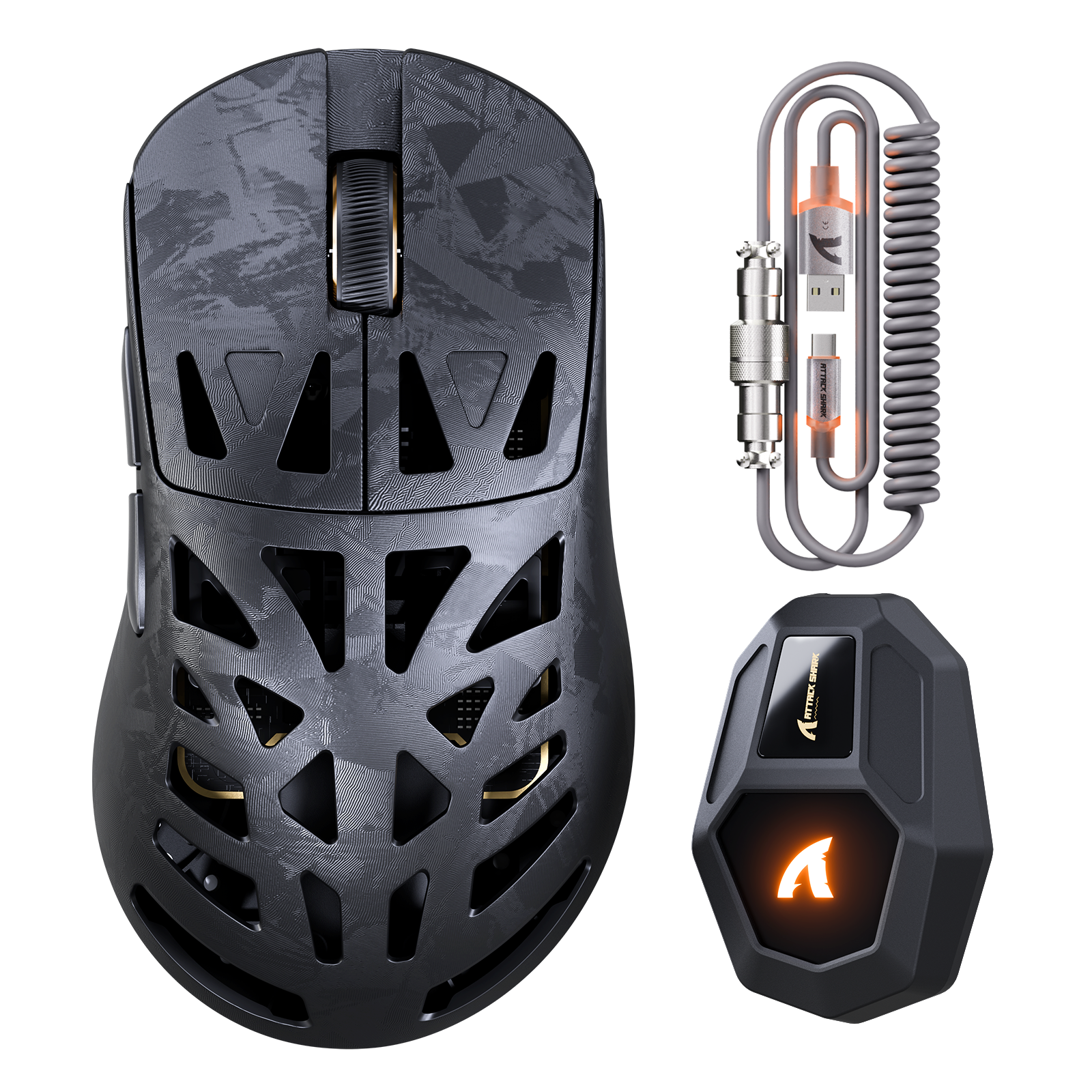 ATTACK SHARK RS6 ULTRA Carbon Fiber Wireless PAW3955MAX Gaming Mouse with C06 ULTRA Coiled Cable