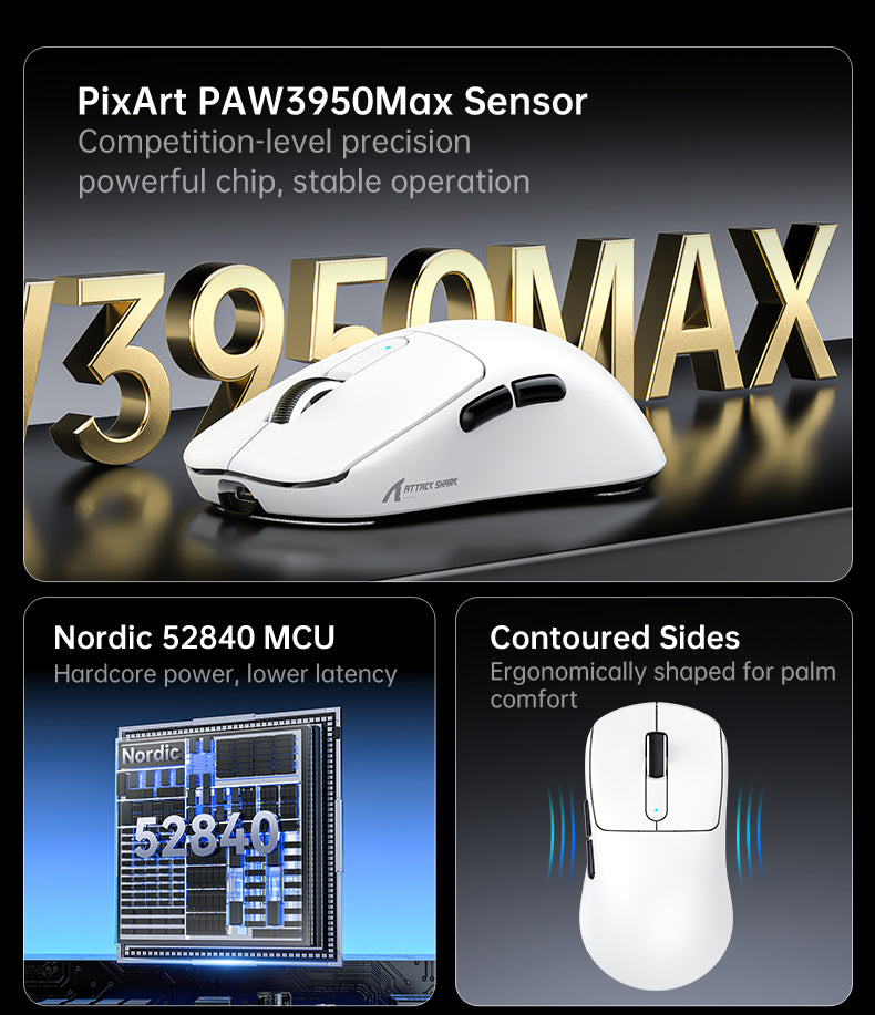 ATTACK SHARK V5 8KHz Wireless PAW3950MAX Gaming Mouse with C06 Ultra Cable