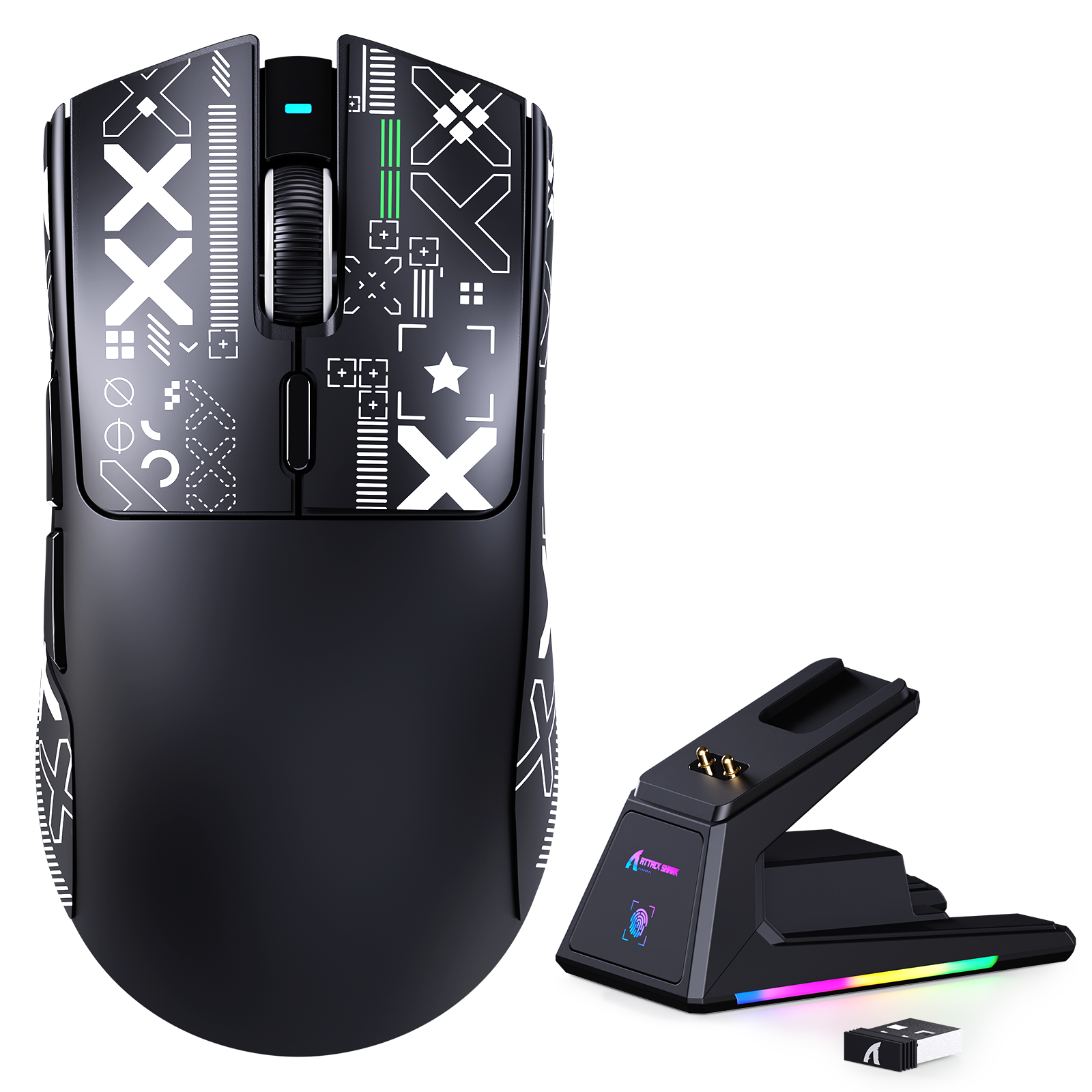 ATTACK SHARK X1 Mouse da Gioco Tri-mode con Touchpad Dock di Ricarica RGB Sensore PAW3395PRO