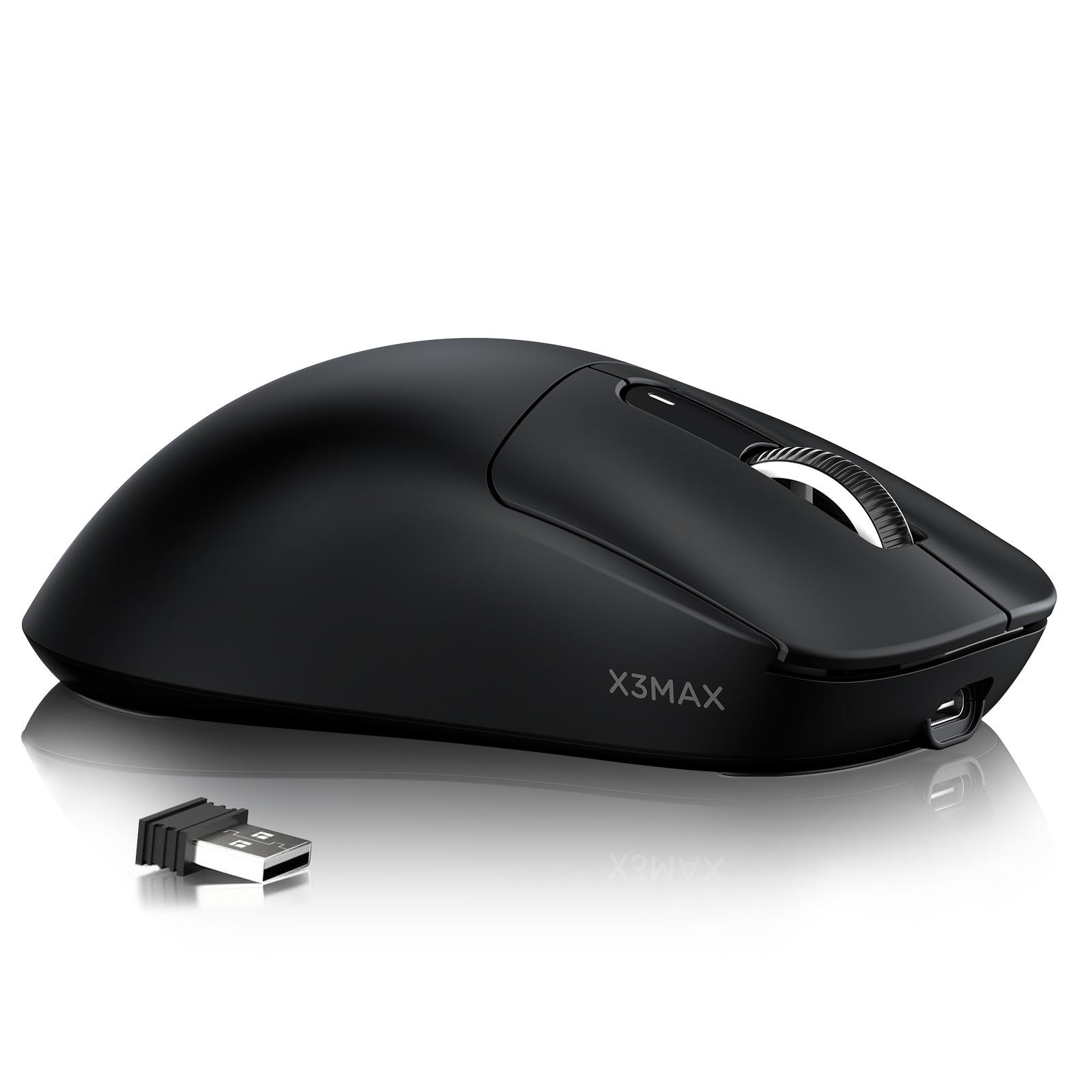 X3MAX black wireless gaming mouse with USB receiver and ergonomic design.