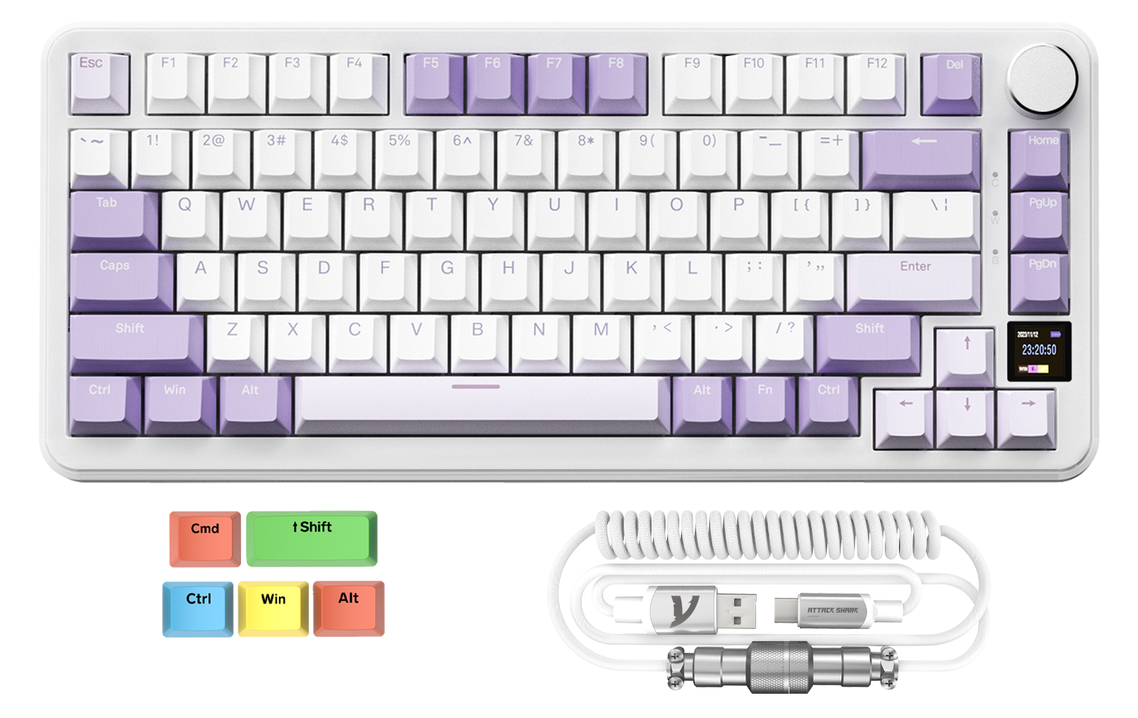 X85PRO keyboard with purple-white keycaps and TFT display showcasing connectivity and features.