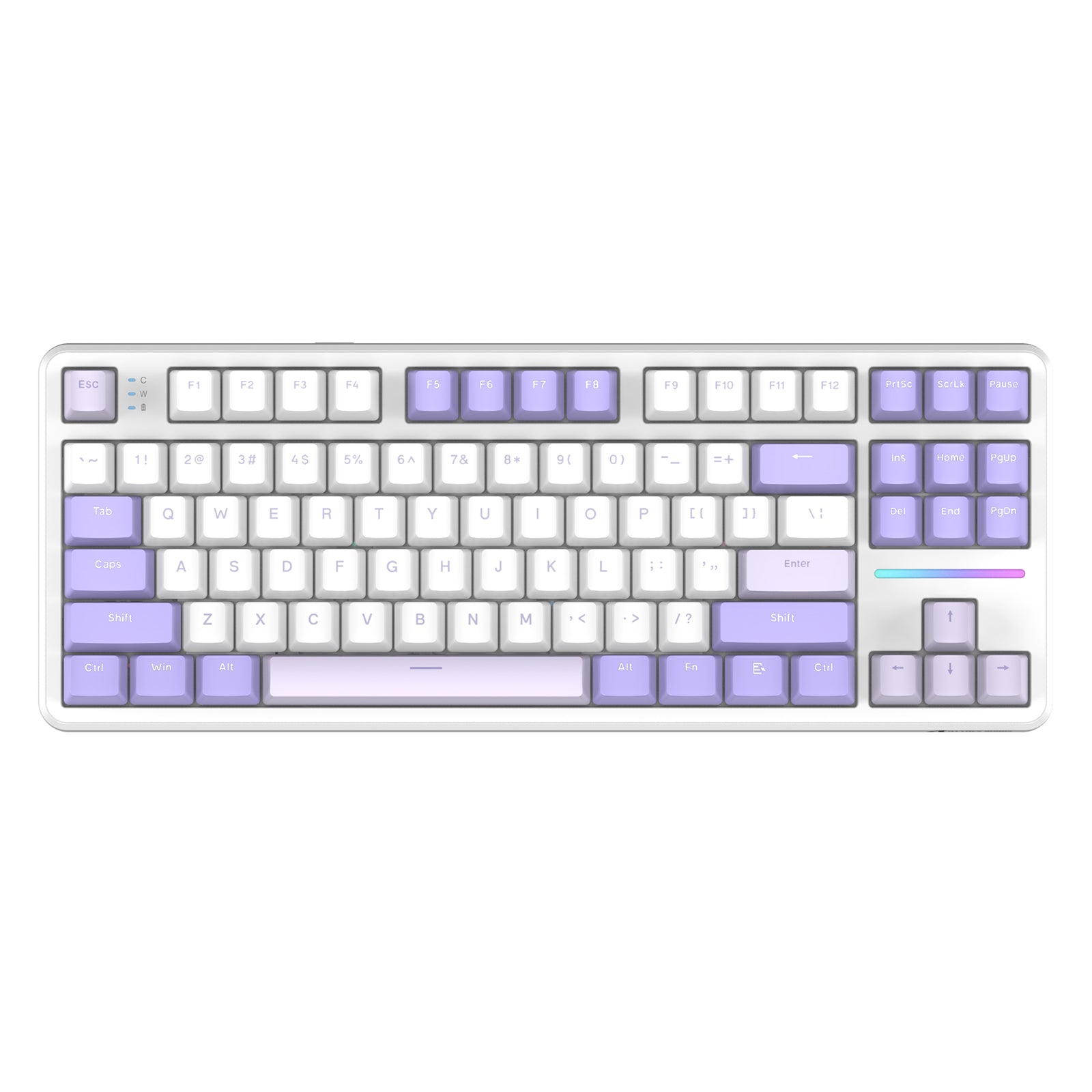 ATTACK SHARK X87 keyboard in white and purple with customizable PBT keycaps.