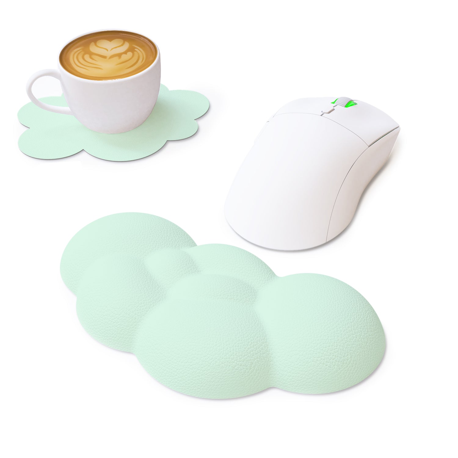 Mint green cloud wrist rest with coaster, white gaming mouse, and coffee cup on white background.