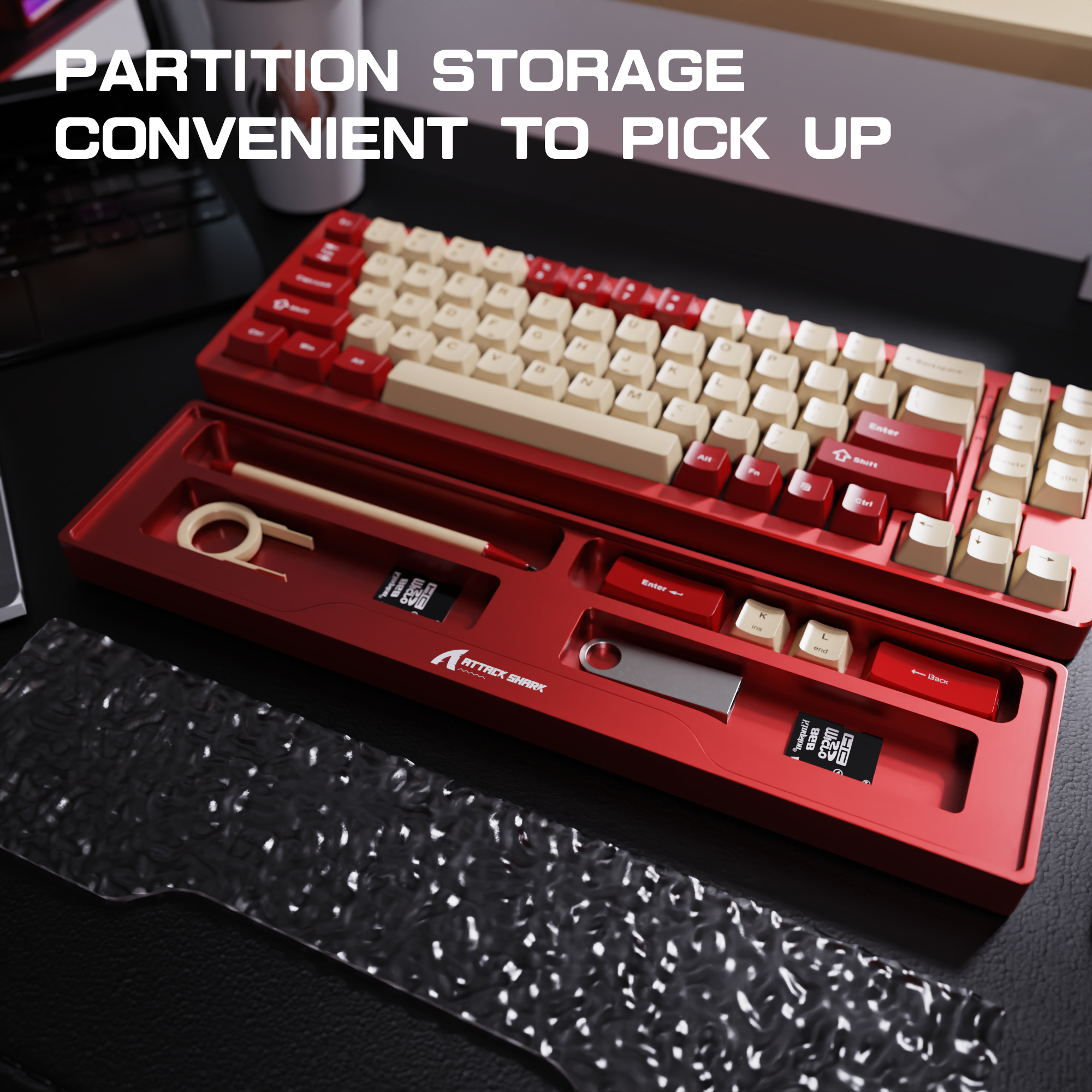 Red gaming keyboard with organized partition storage for easy access to accessories.