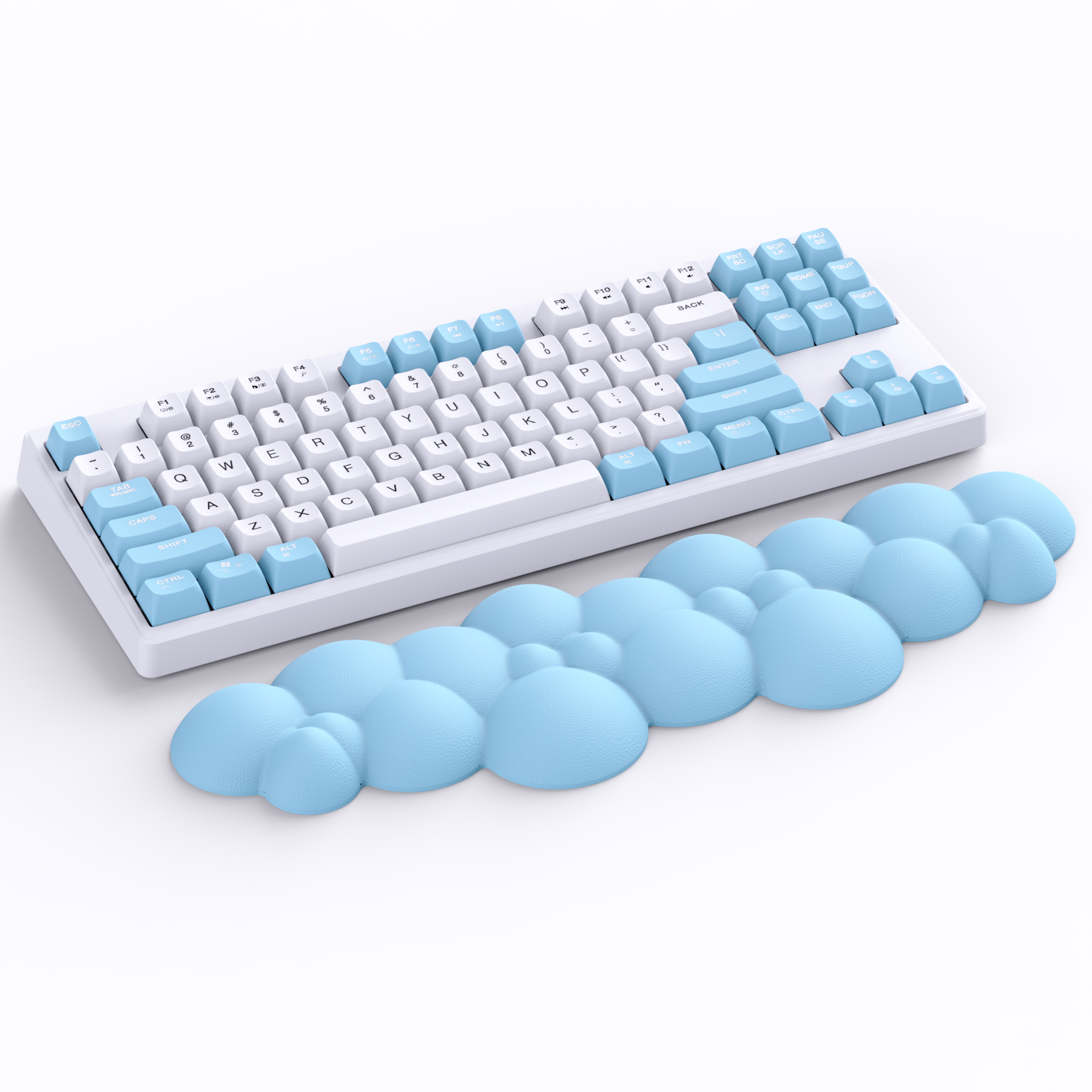 Light blue cloud-shaped wrist rest under a white and blue mechanical keyboard.