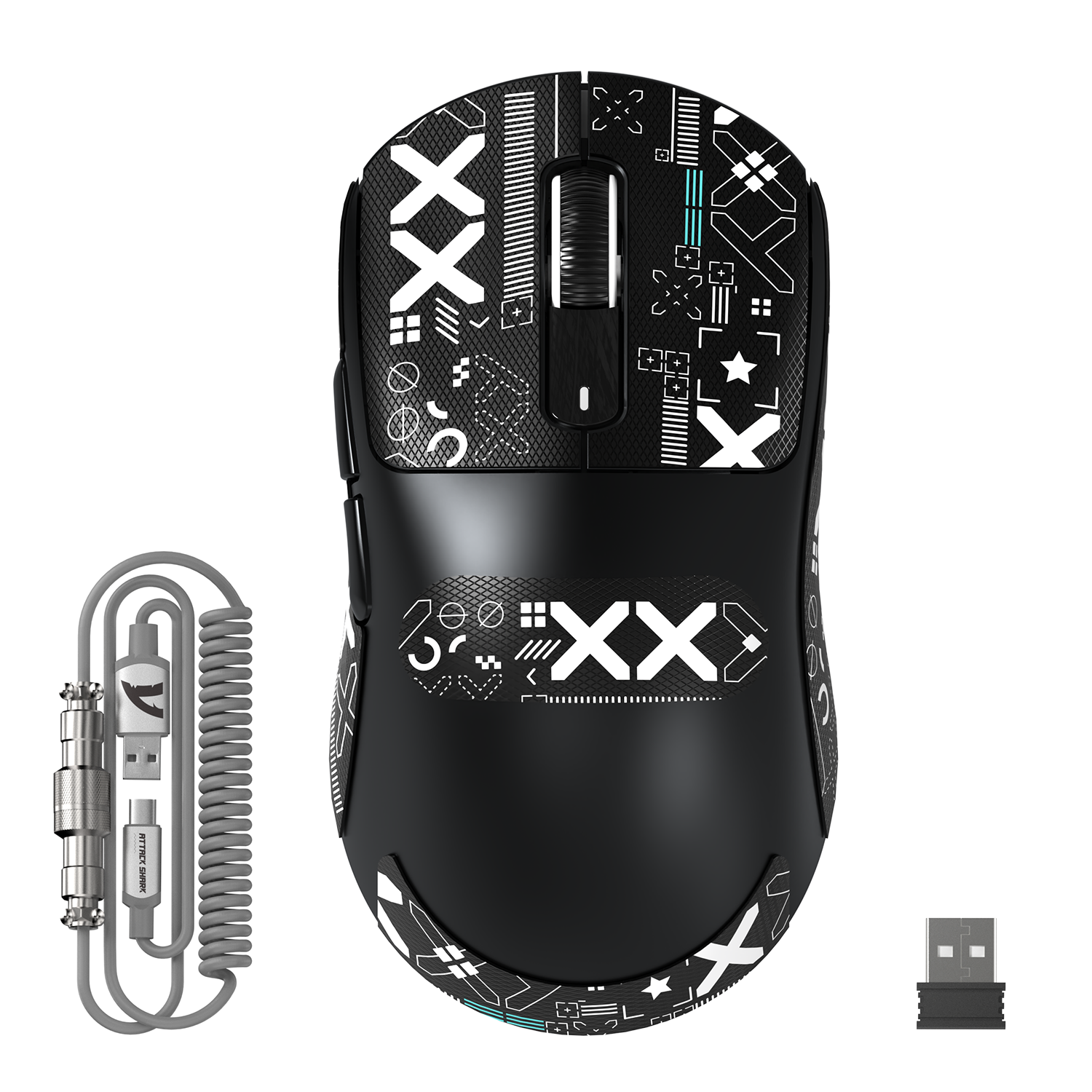 Black Attack Shark X3MAX wireless gaming mouse with coiled cable and USB dongle.