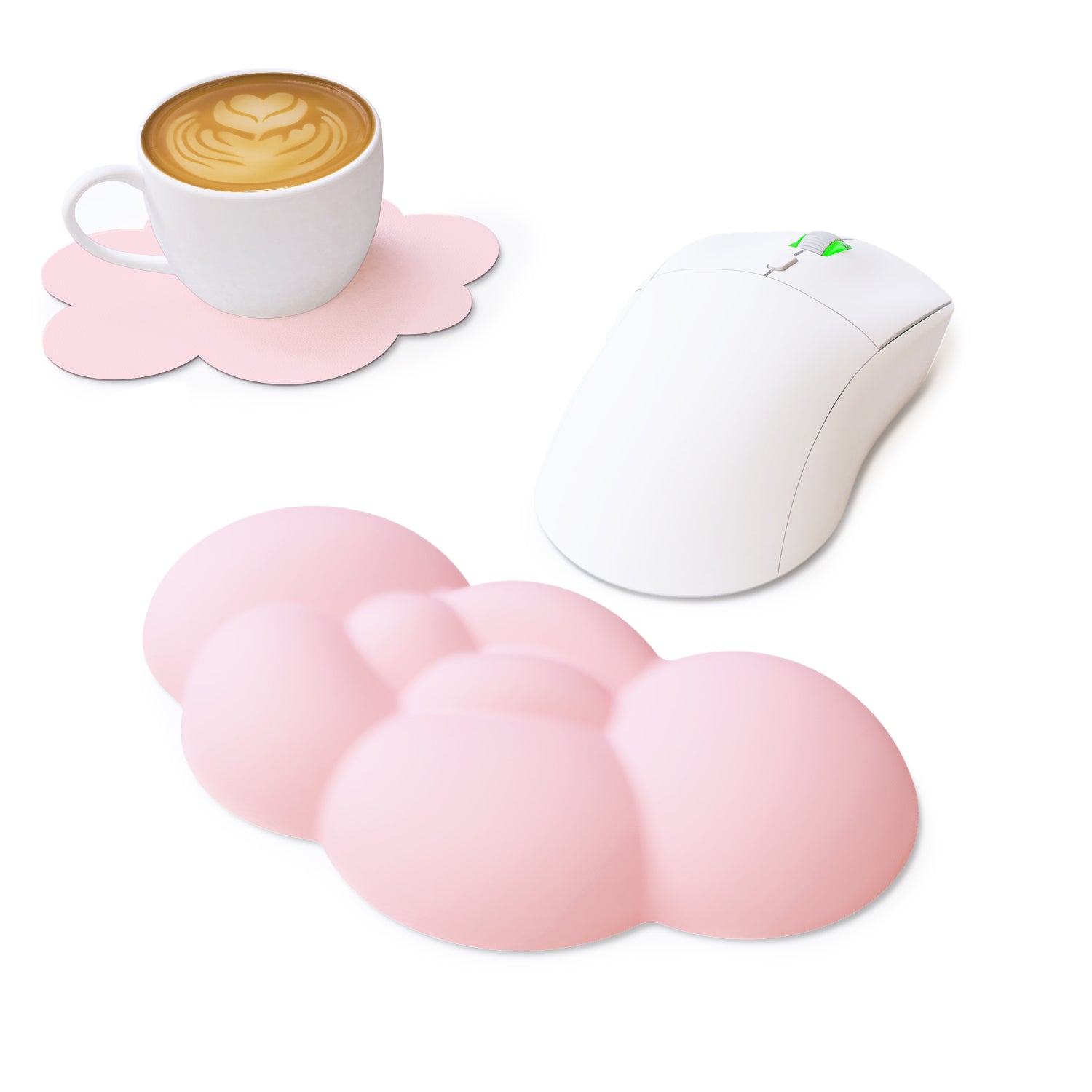 Pink cloud-shaped wrist rest with coaster, white gaming mouse, and coffee cup.