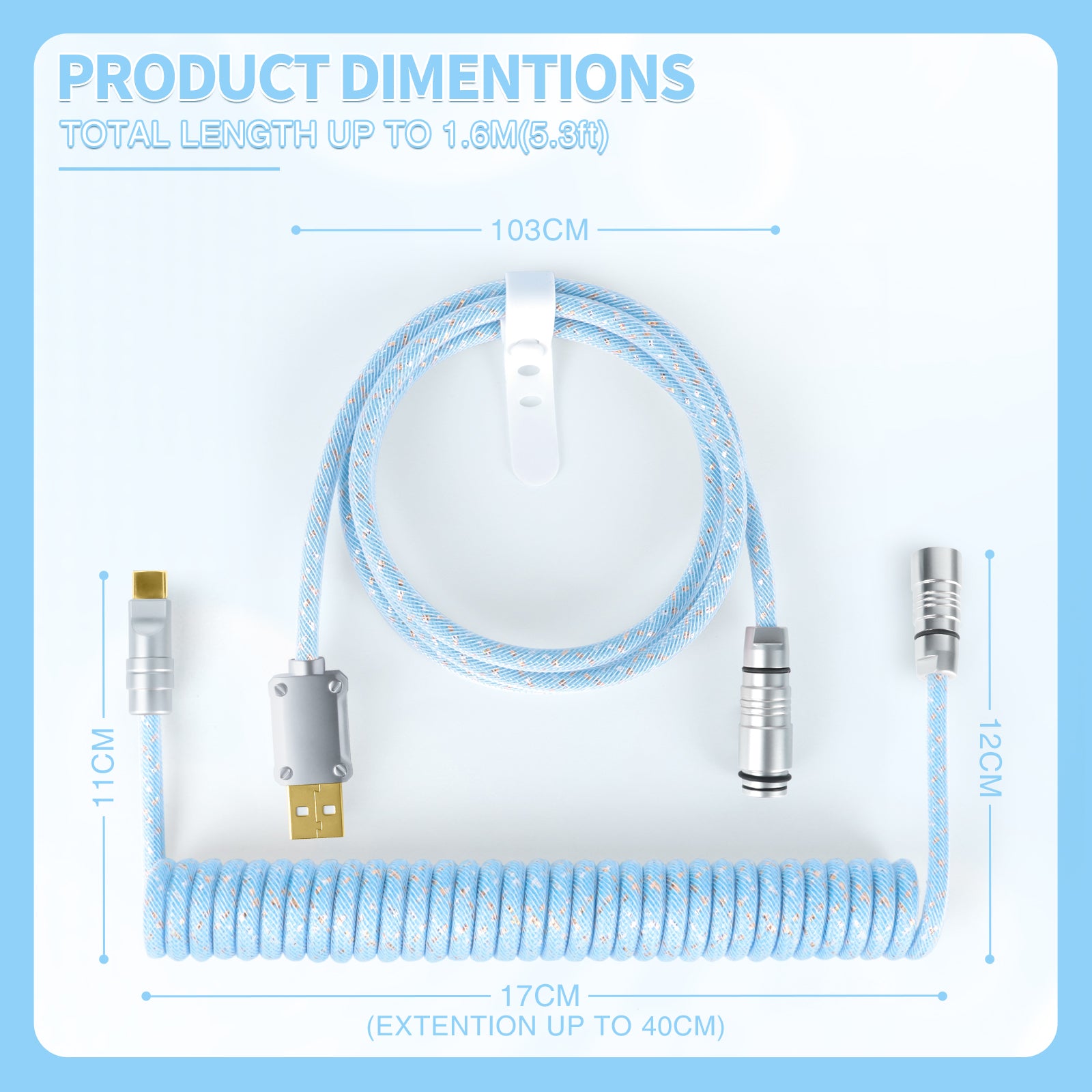 Dimensions of blue coiled USB cable, total length 1.6m, detachable connectors included.