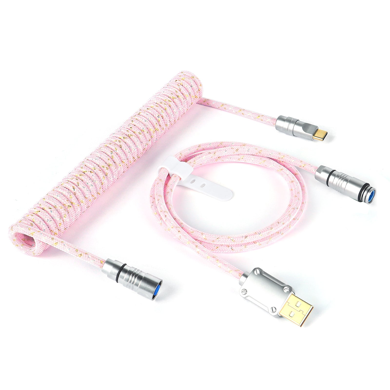 Pink coiled USB cable with detachable connectors and braided design for gaming setups.