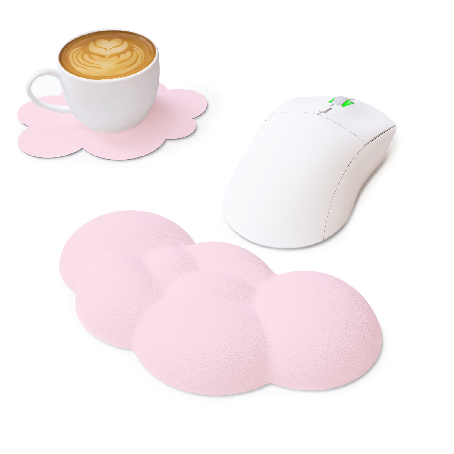 Lavender cloud wrist rest with matching coaster, white gaming mouse, and coffee cup